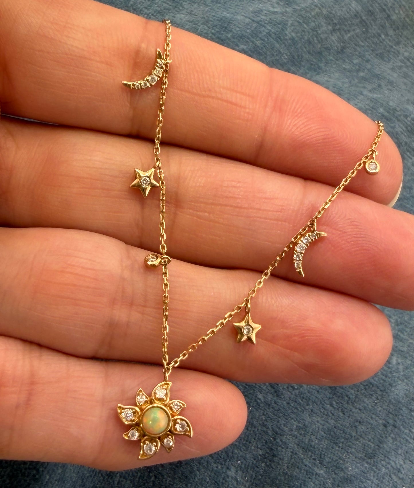 10k Gold Diamond + Opal Sun Moon Stars Pendants on 10k Necklace. TINY