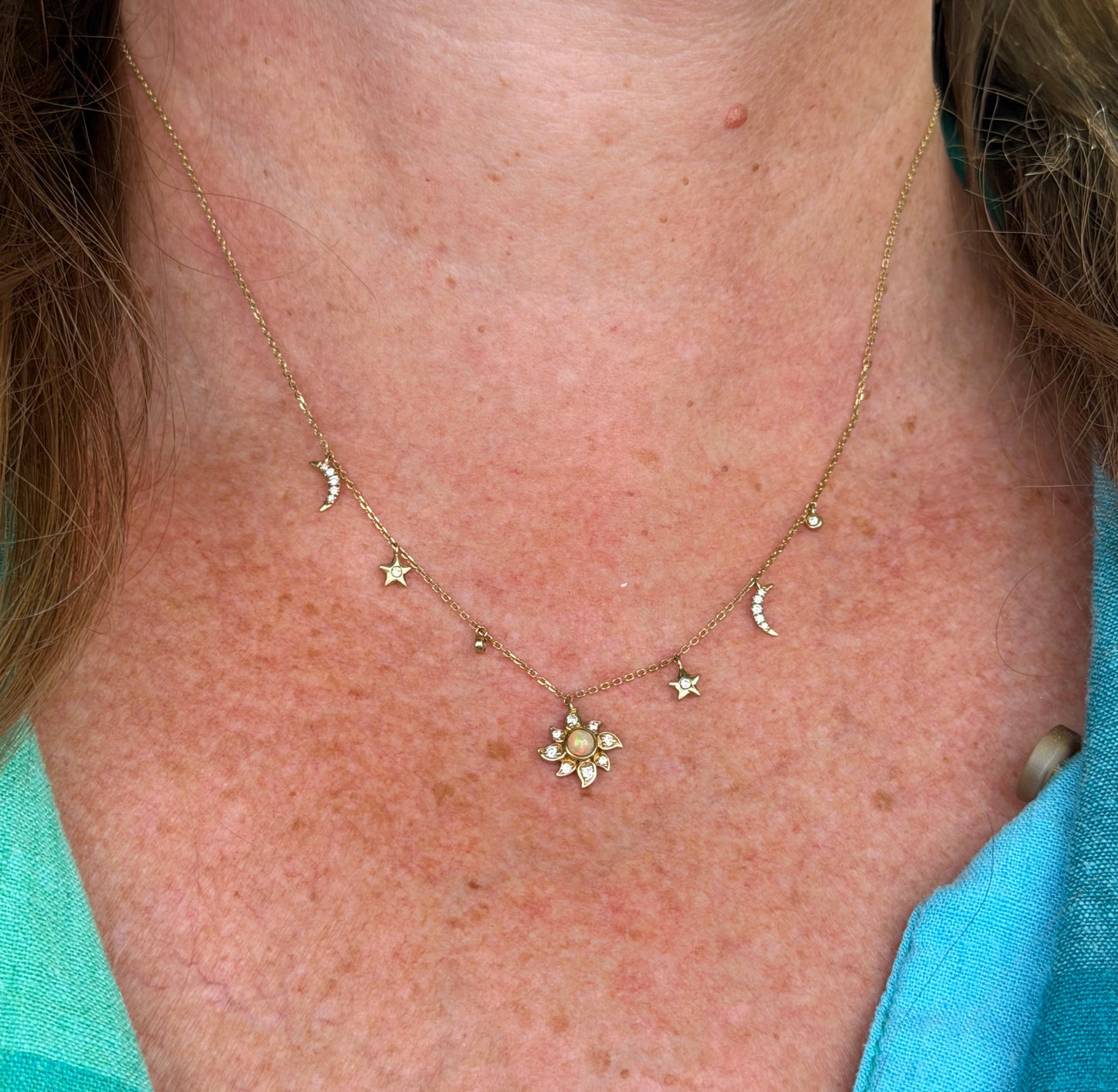 10k Gold Diamond + Opal Sun Moon Stars Pendants on 10k Necklace. TINY