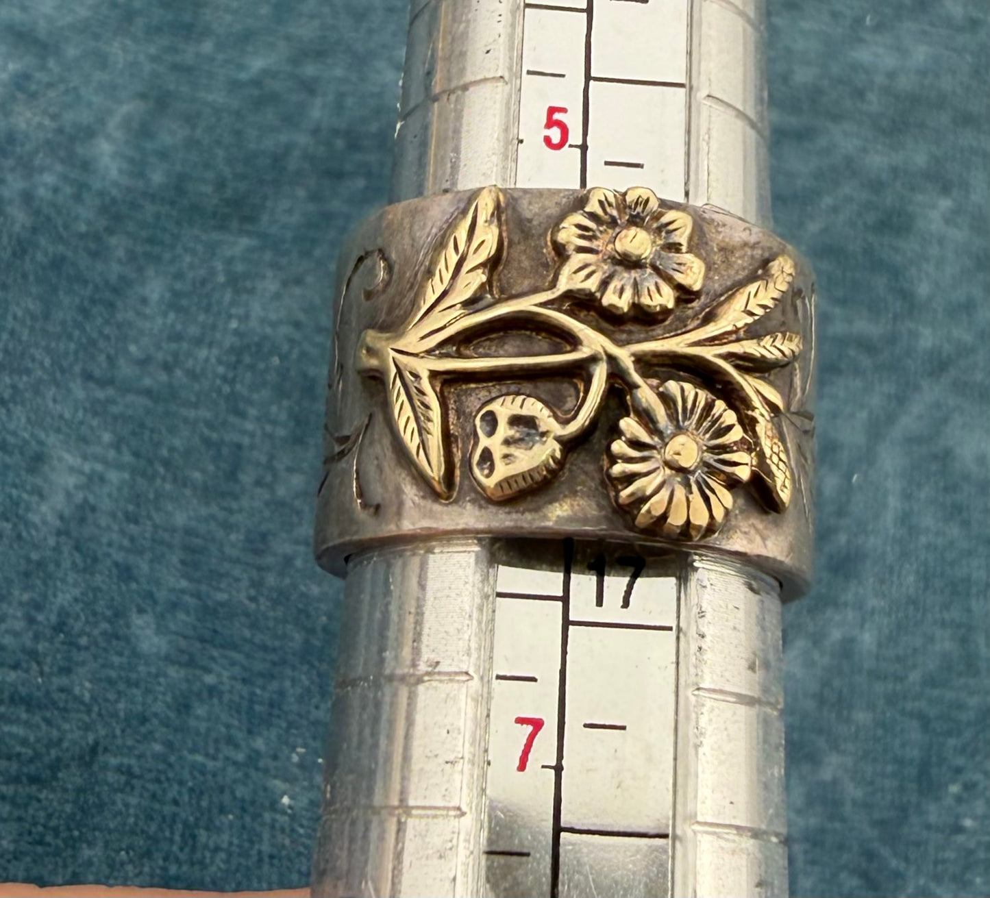 14k Yellow Gold Flowers on 925 Silver Wide Cigar Band Ring