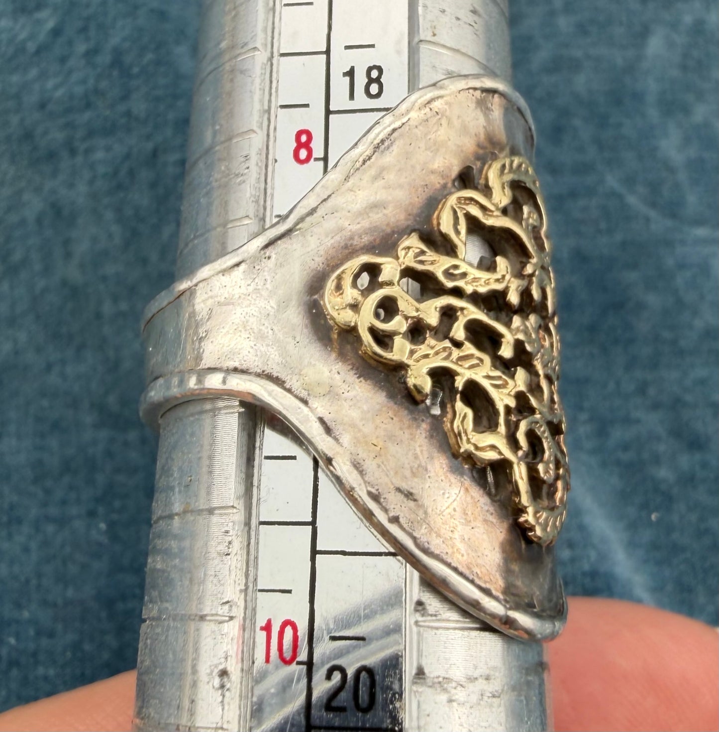 14k Yellow Gold + 925 Silver Wide Etruscan Filigree Ring. Designer