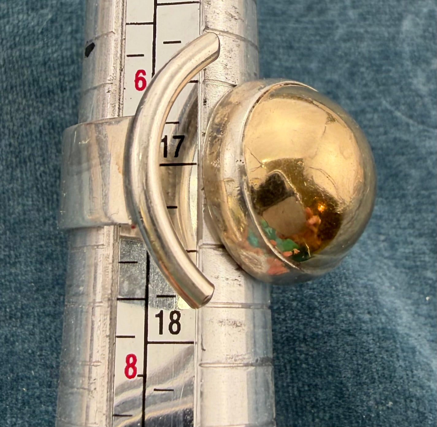 14k Gold Ball + 925 Silver Crescent Moon Open Ring. MCM Modern Designer