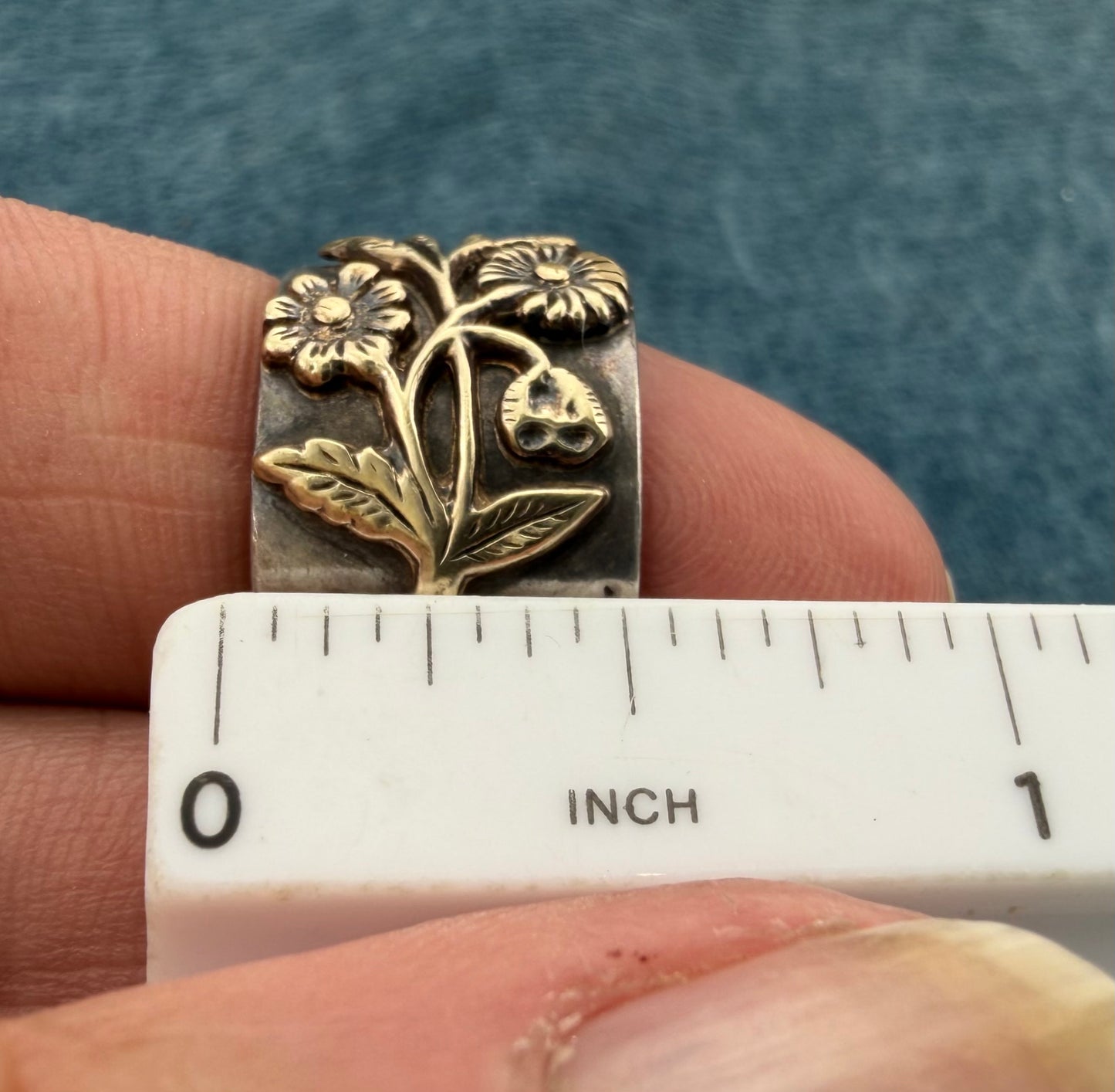 14k Yellow Gold Flowers on 925 Silver Wide Cigar Band Ring