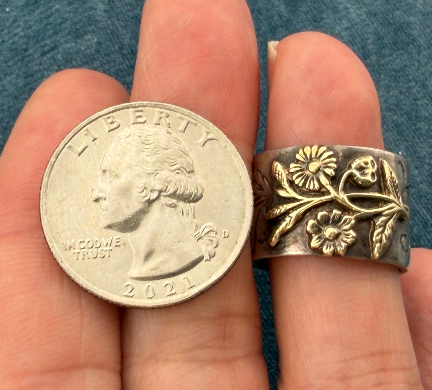 14k Yellow Gold Flowers on 925 Silver Wide Cigar Band Ring
