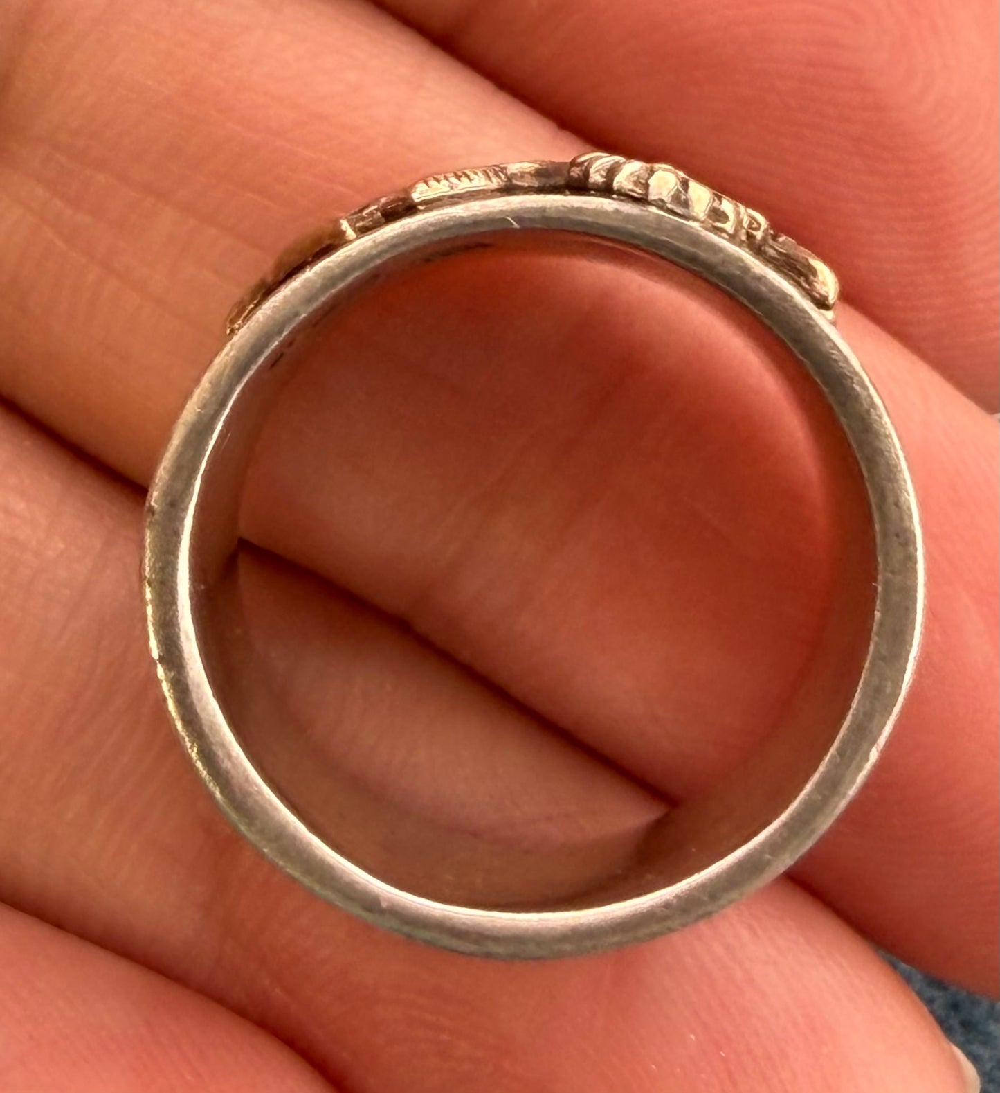 14k Yellow Gold Flowers on 925 Silver Wide Cigar Band Ring