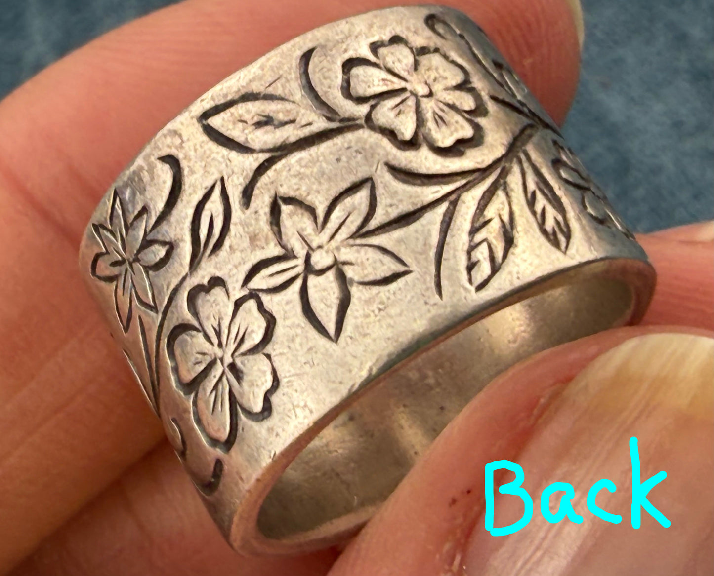 14k Yellow Gold Flowers on 925 Silver Wide Cigar Band Ring