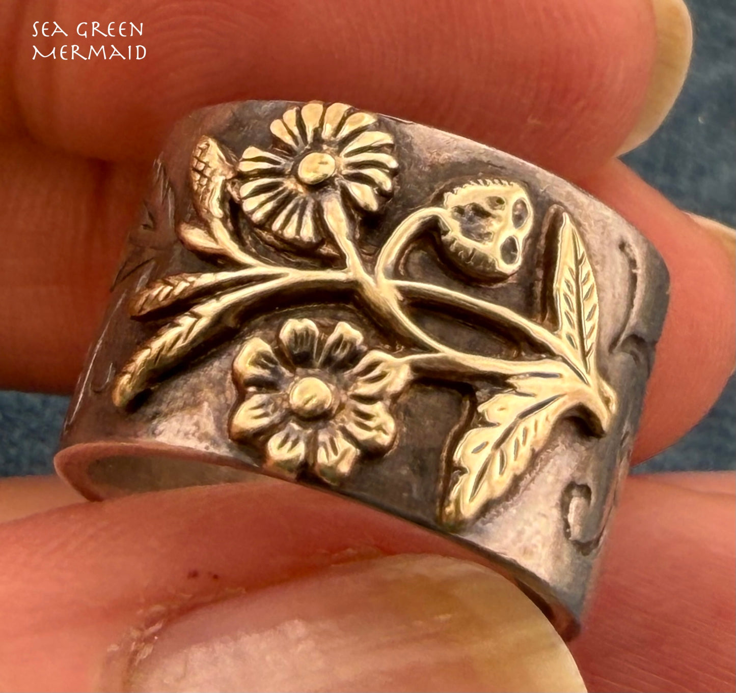 14k Yellow Gold Flowers on 925 Silver Wide Cigar Band Ring