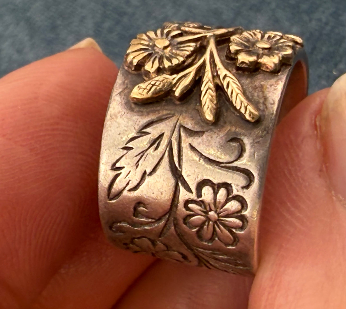 14k Yellow Gold Flowers on 925 Silver Wide Cigar Band Ring