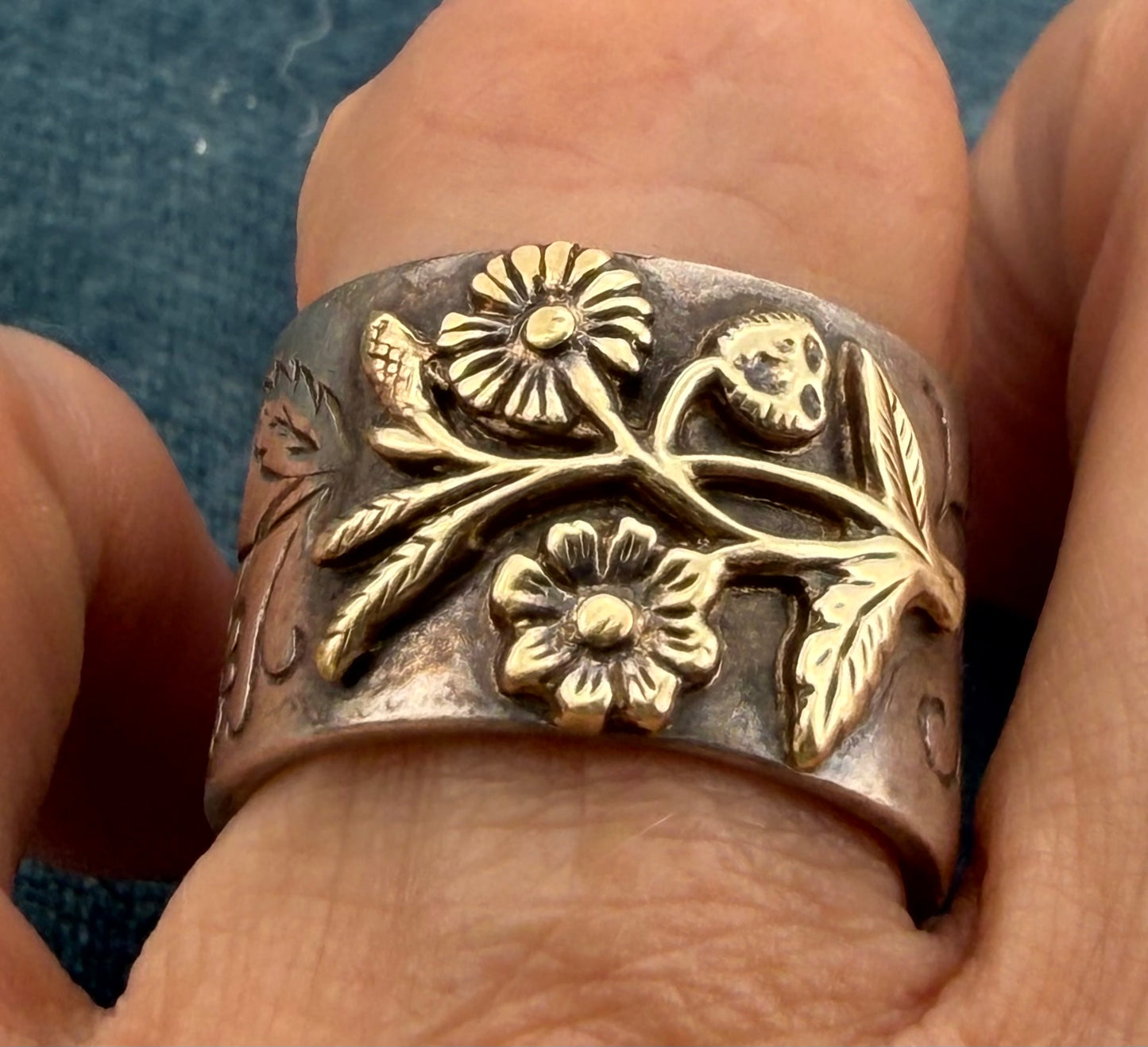 14k Yellow Gold Flowers on 925 Silver Wide Cigar Band Ring