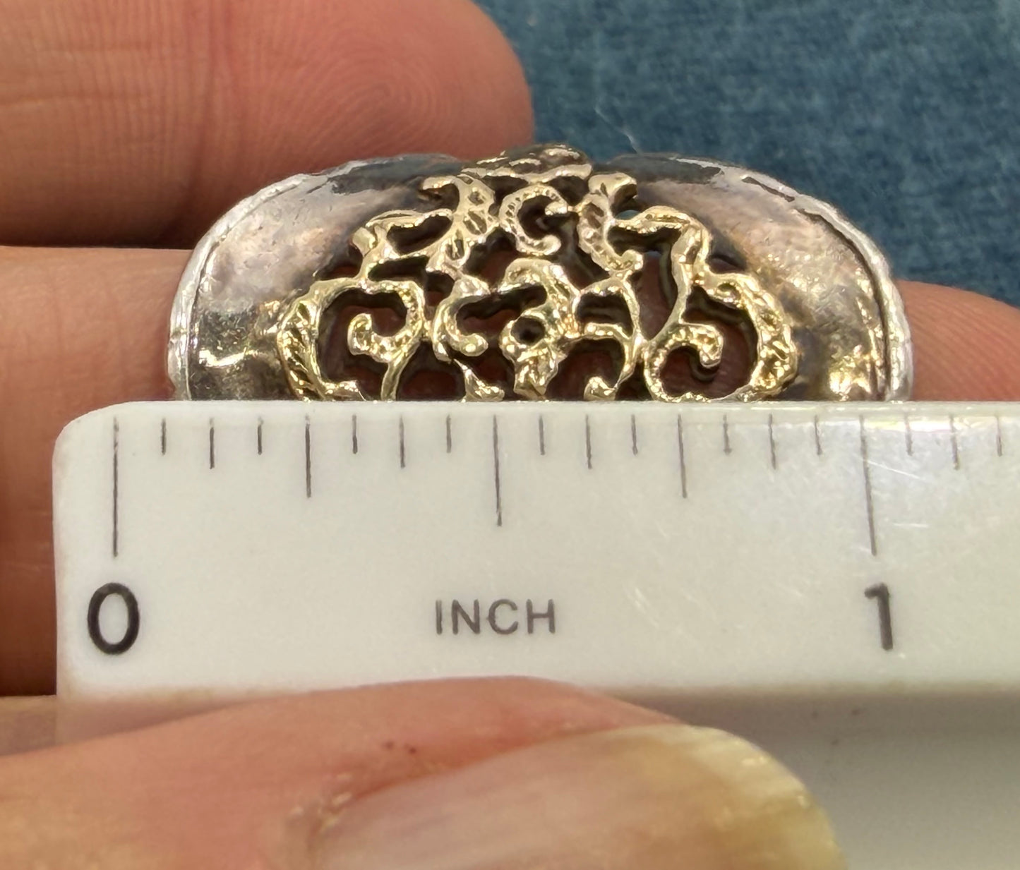 14k Yellow Gold + 925 Silver Wide Etruscan Filigree Ring. Designer