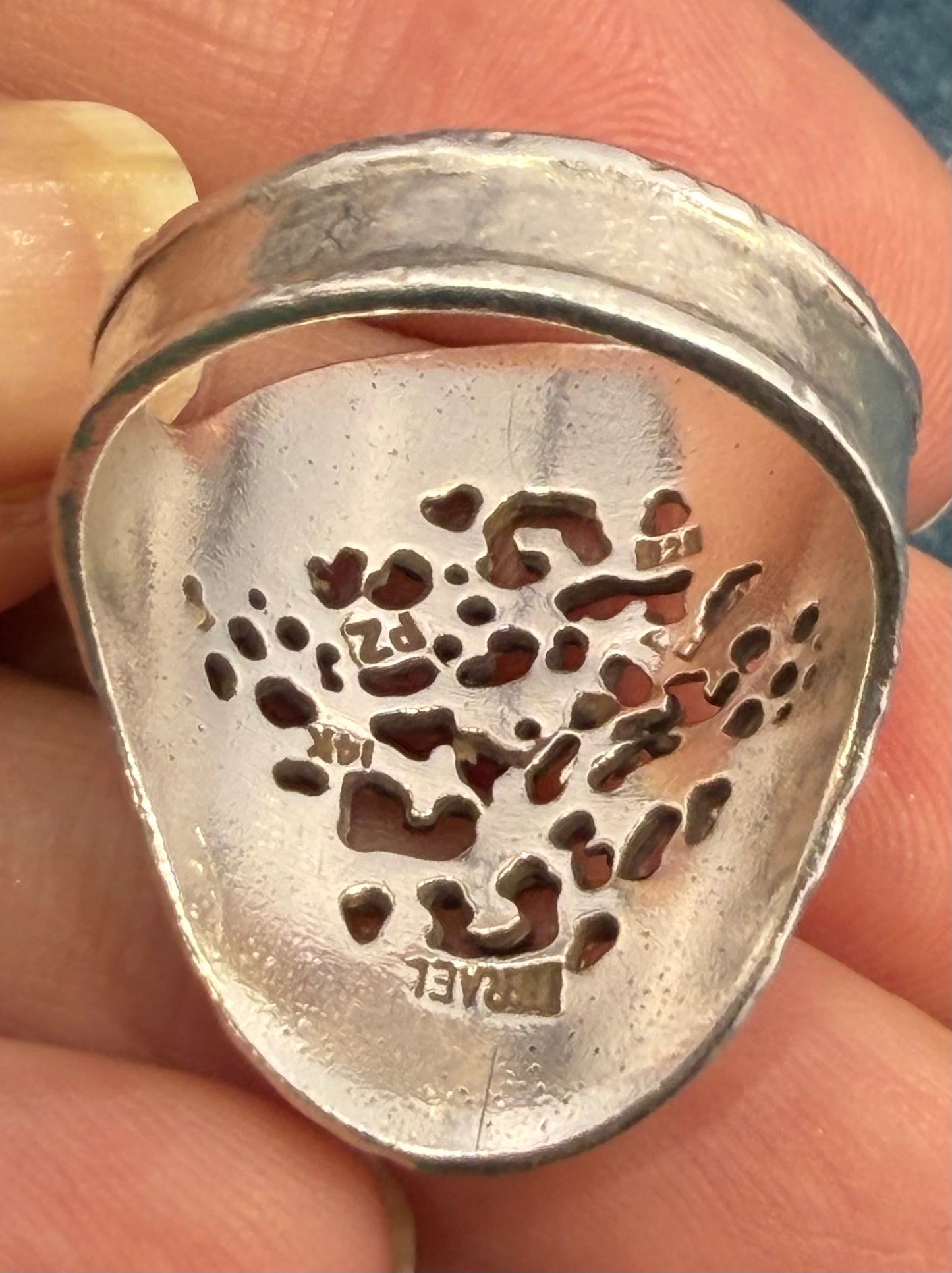 14k Yellow Gold + 925 Silver Wide Etruscan Filigree Ring. Designer