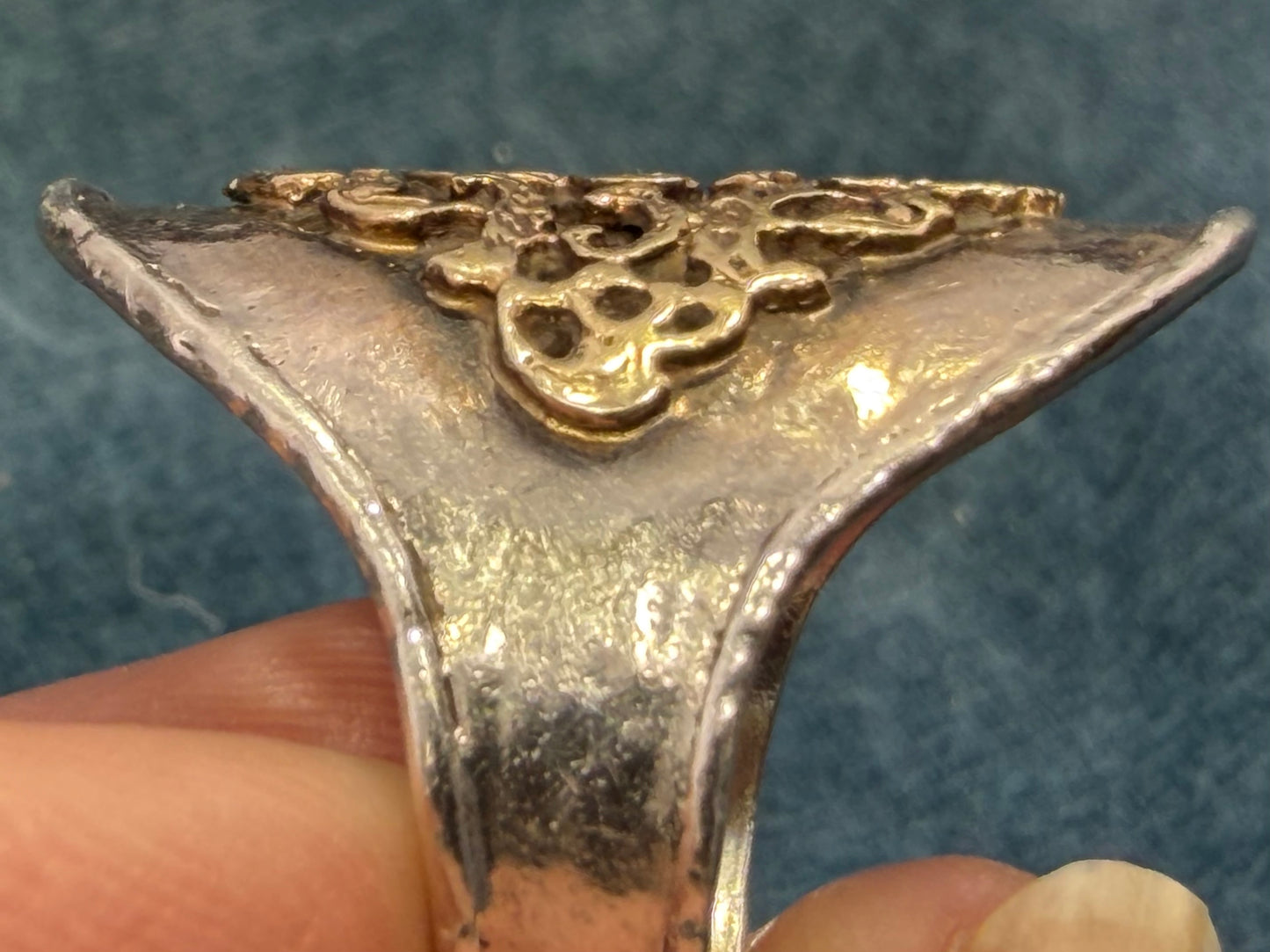 14k Yellow Gold + 925 Silver Wide Etruscan Filigree Ring. Designer
