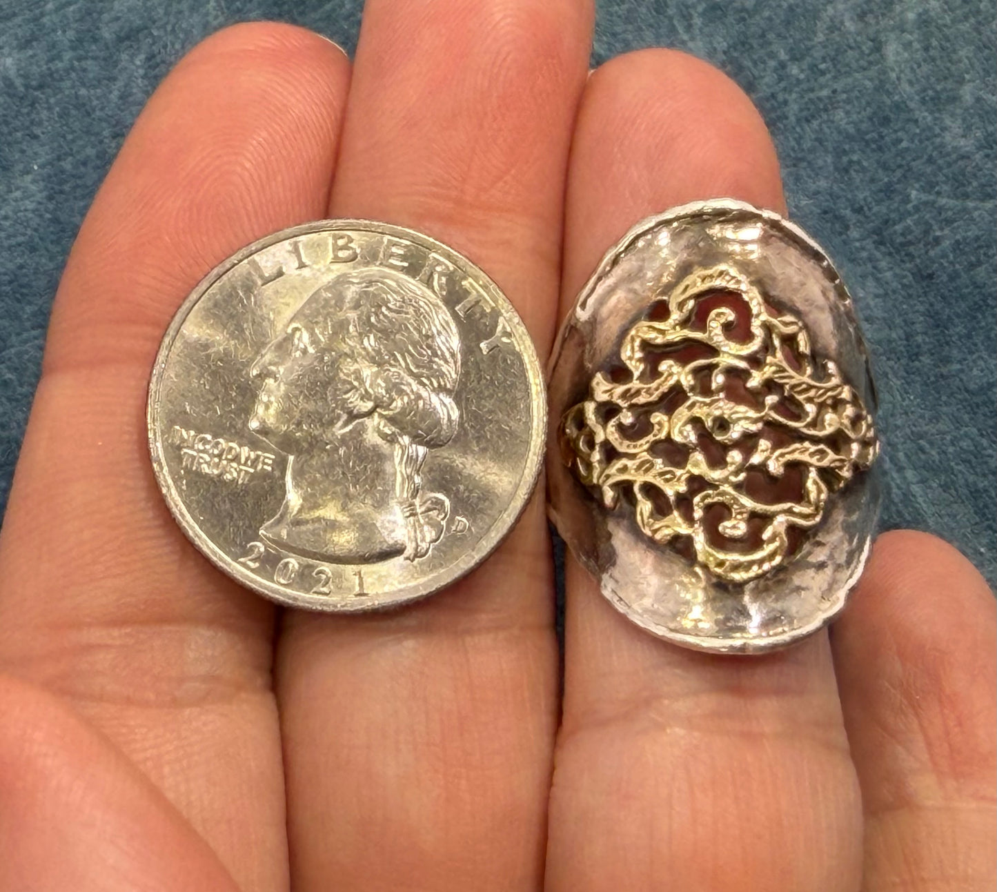 14k Yellow Gold + 925 Silver Wide Etruscan Filigree Ring. Designer