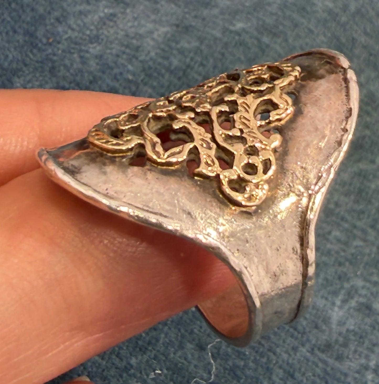 14k Yellow Gold + 925 Silver Wide Etruscan Filigree Ring. Designer