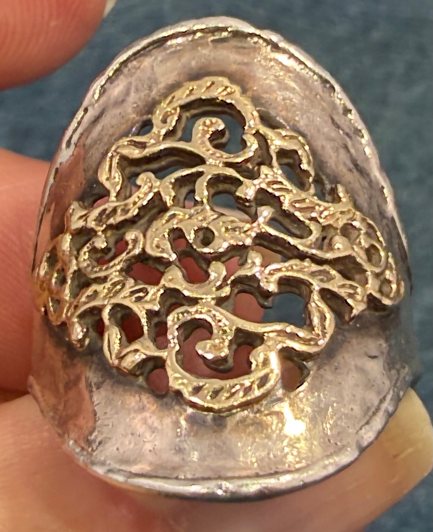 14k Yellow Gold + 925 Silver Wide Etruscan Filigree Ring. Designer