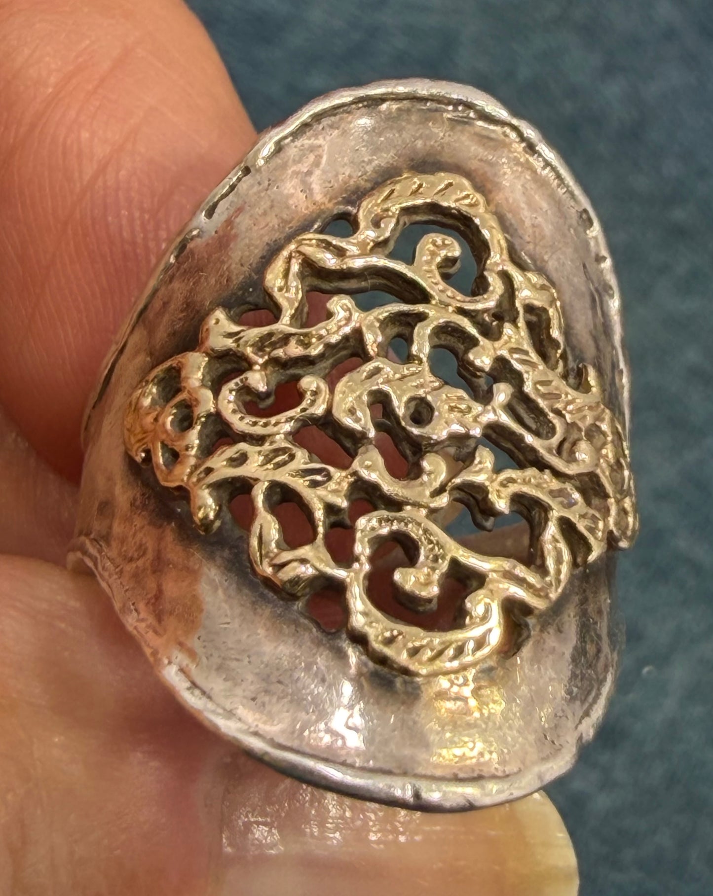 14k Yellow Gold + 925 Silver Wide Etruscan Filigree Ring. Designer