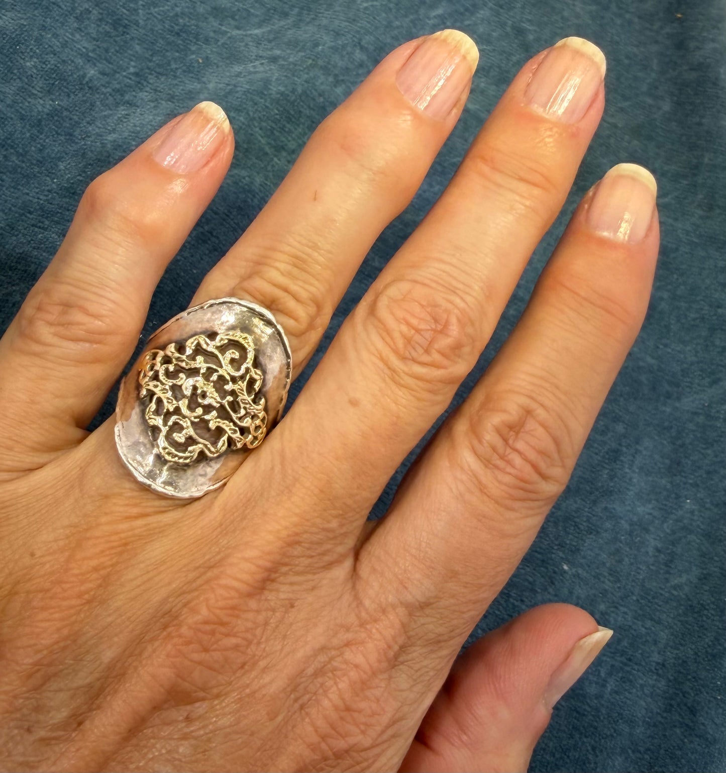 14k Yellow Gold + 925 Silver Wide Etruscan Filigree Ring. Designer
