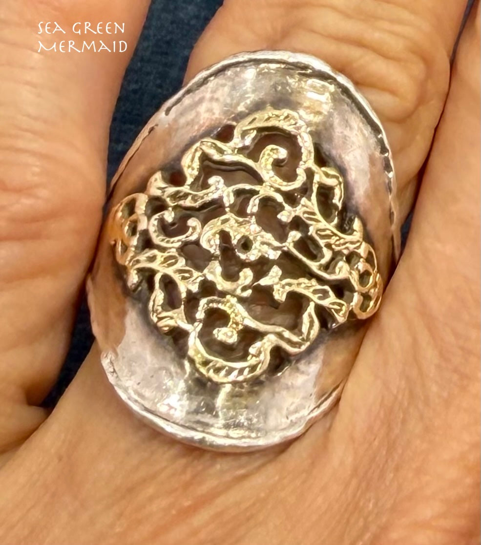 14k Yellow Gold + 925 Silver Wide Etruscan Filigree Ring. Designer