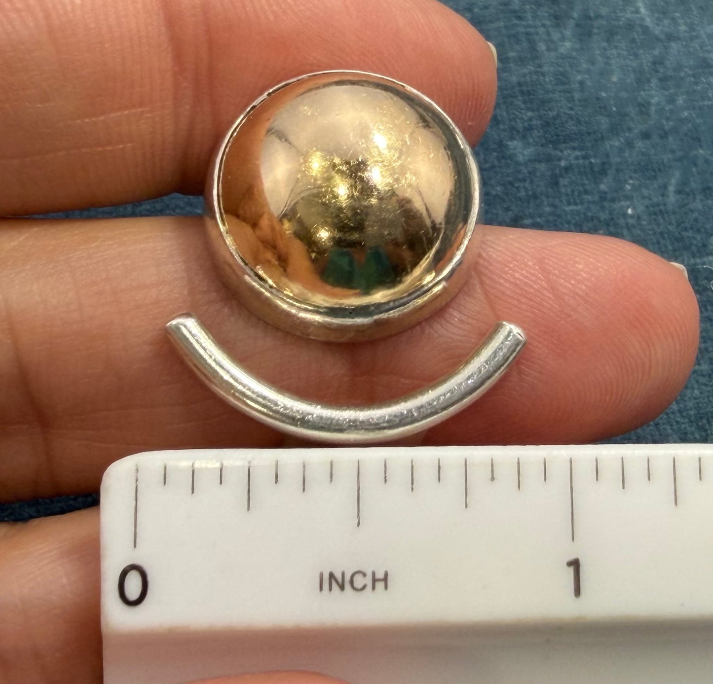 14k Gold Ball + 925 Silver Crescent Moon Open Ring. MCM Modern Designer