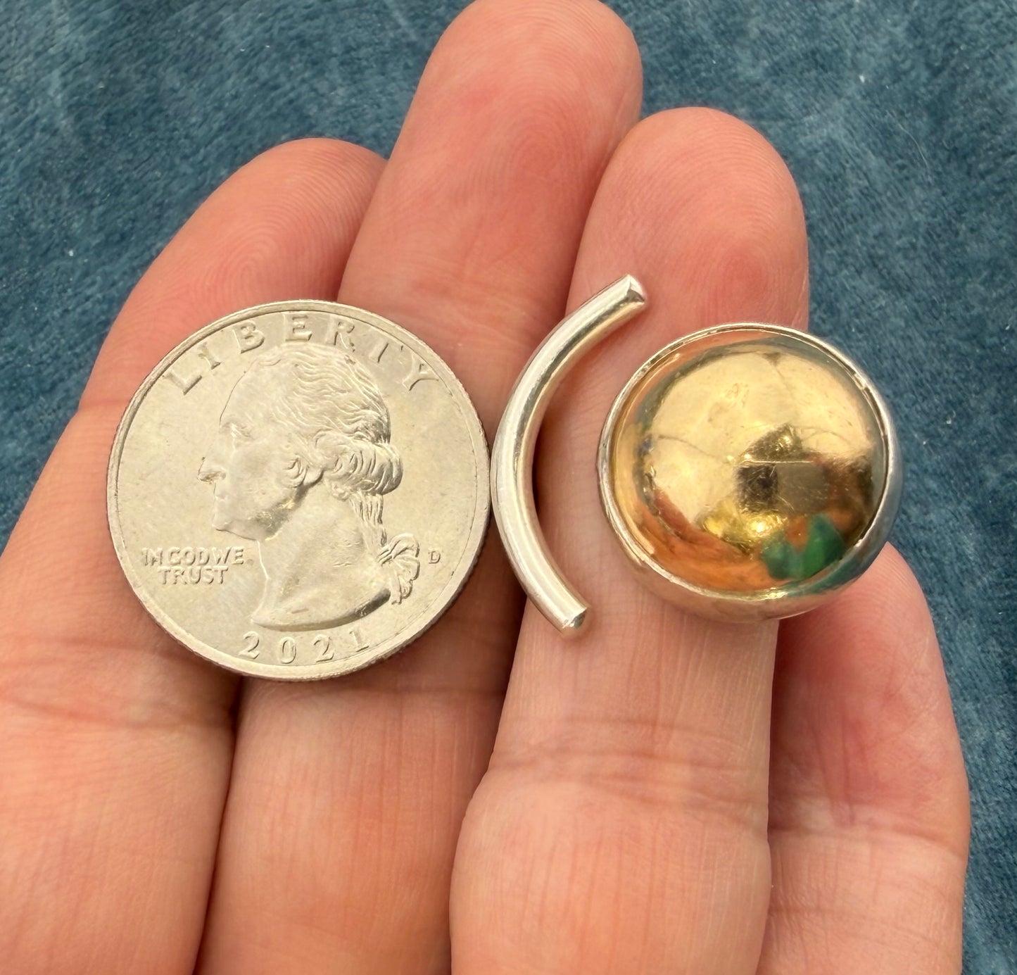 14k Gold Ball + 925 Silver Crescent Moon Open Ring. MCM Modern Designer