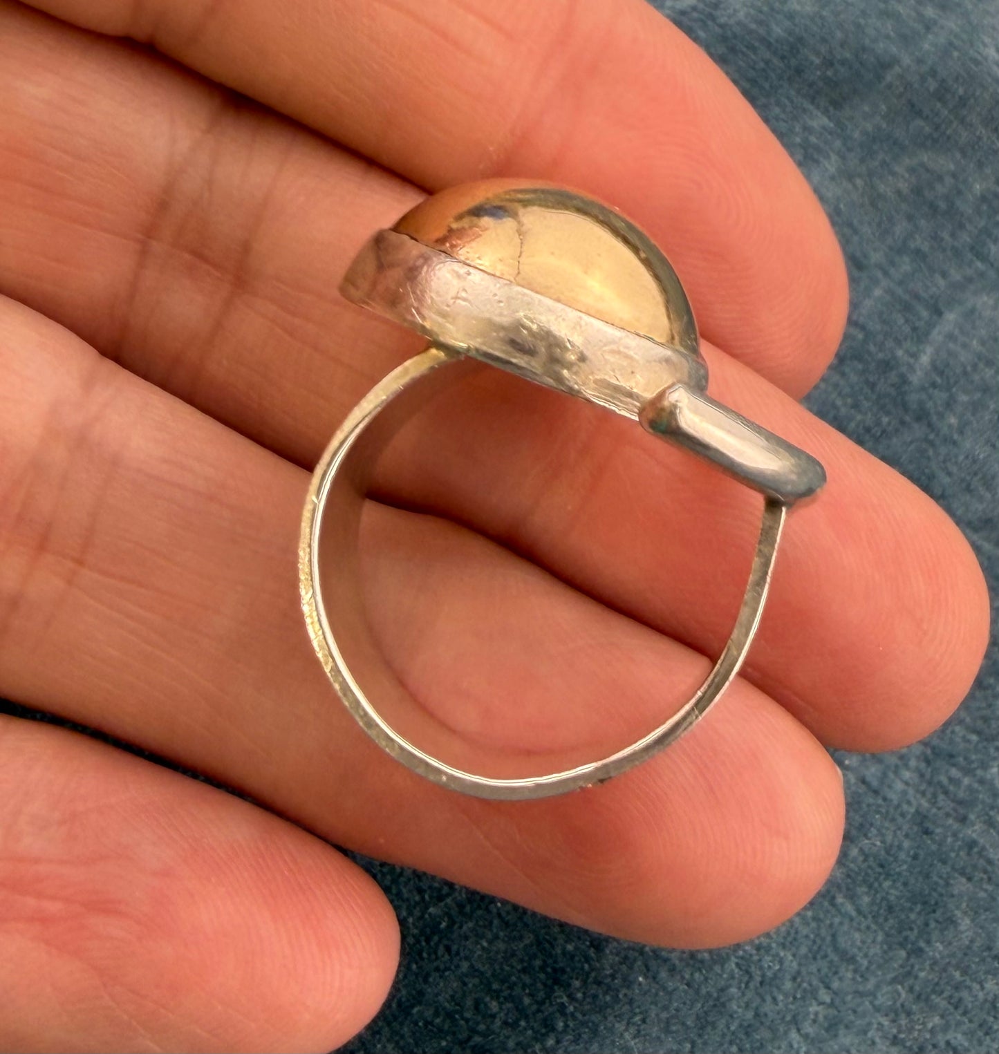 14k Gold Ball + 925 Silver Crescent Moon Open Ring. MCM Modern Designer