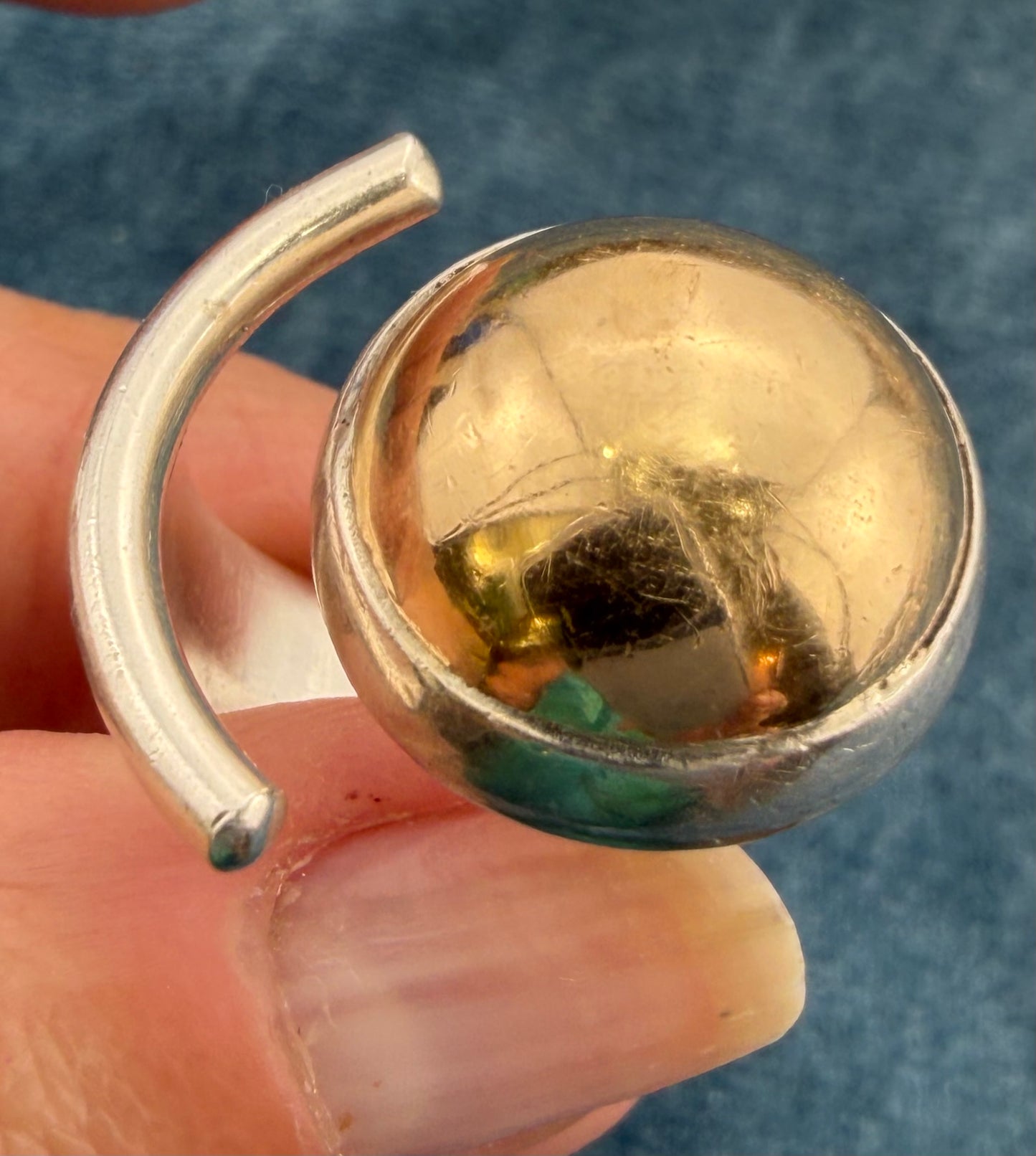 14k Gold Ball + 925 Silver Crescent Moon Open Ring. MCM Modern Designer