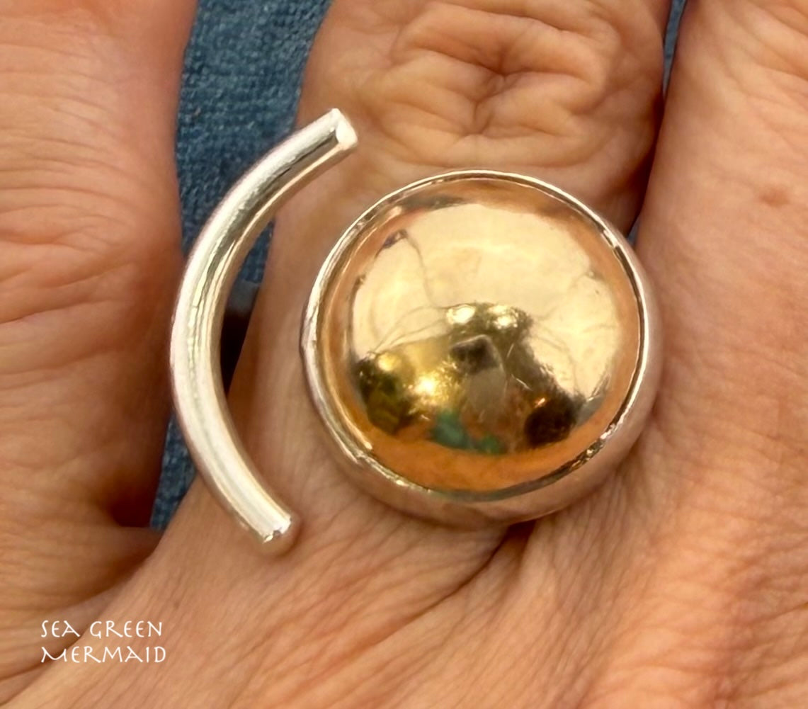 14k Gold Ball + 925 Silver Crescent Moon Open Ring. MCM Modern Designer