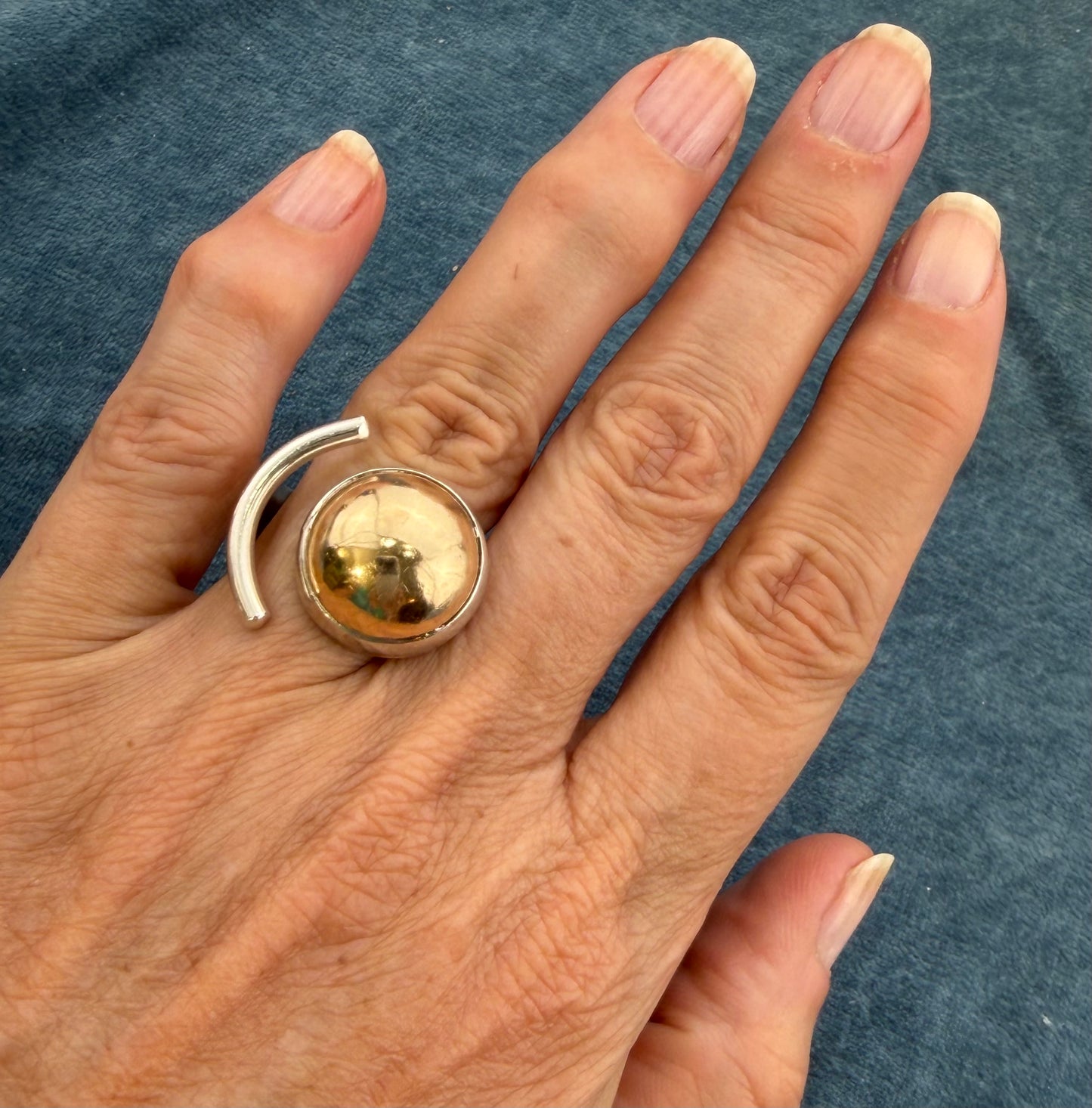 14k Gold Ball + 925 Silver Crescent Moon Open Ring. MCM Modern Designer