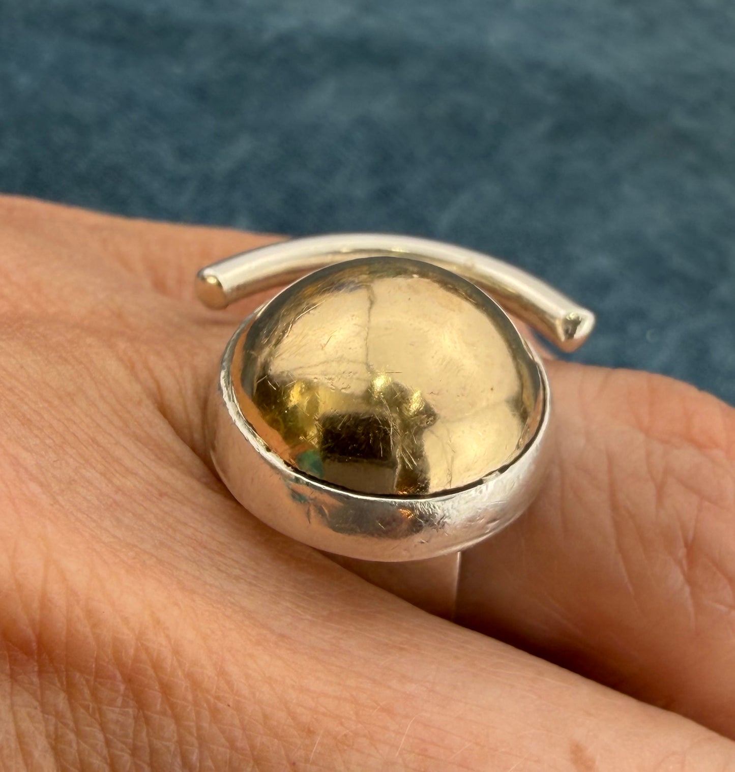 14k Gold Ball + 925 Silver Crescent Moon Open Ring. MCM Modern Designer