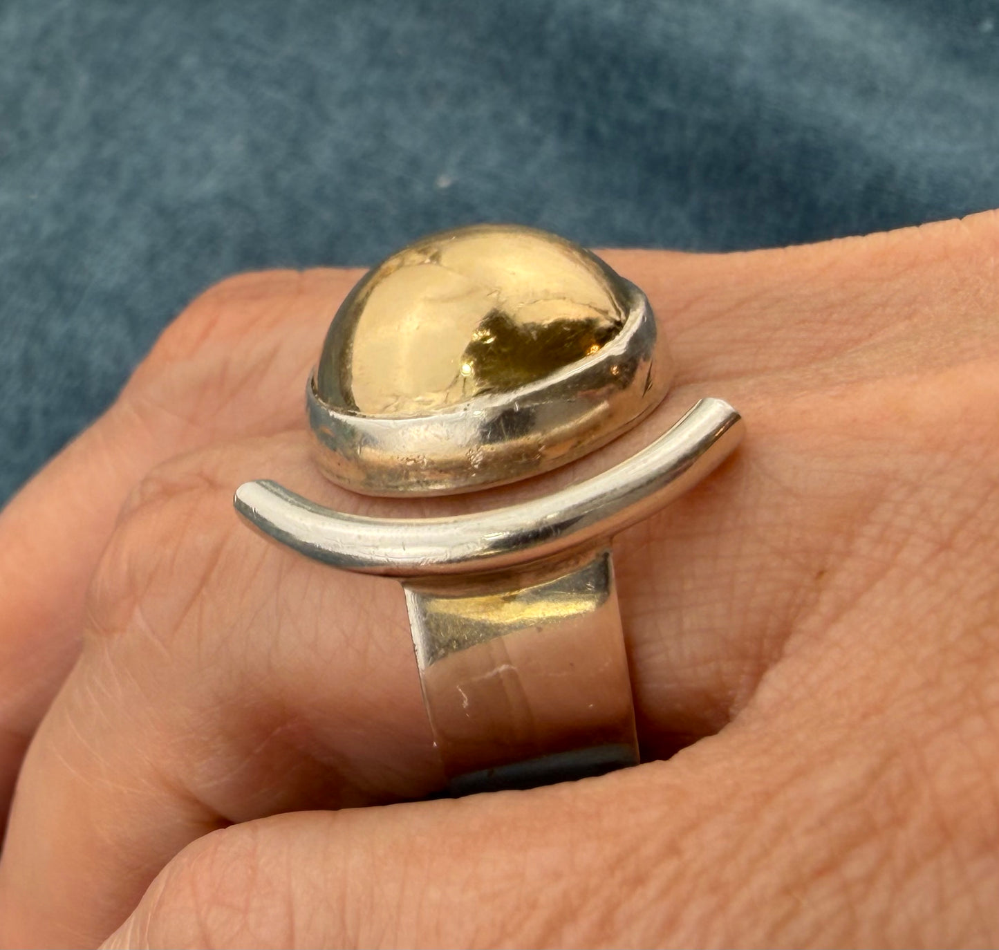 14k Gold Ball + 925 Silver Crescent Moon Open Ring. MCM Modern Designer