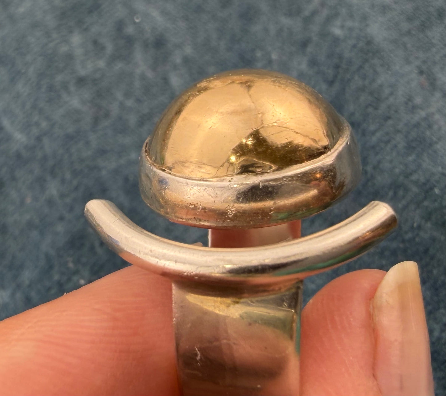 14k Gold Ball + 925 Silver Crescent Moon Open Ring. MCM Modern Designer