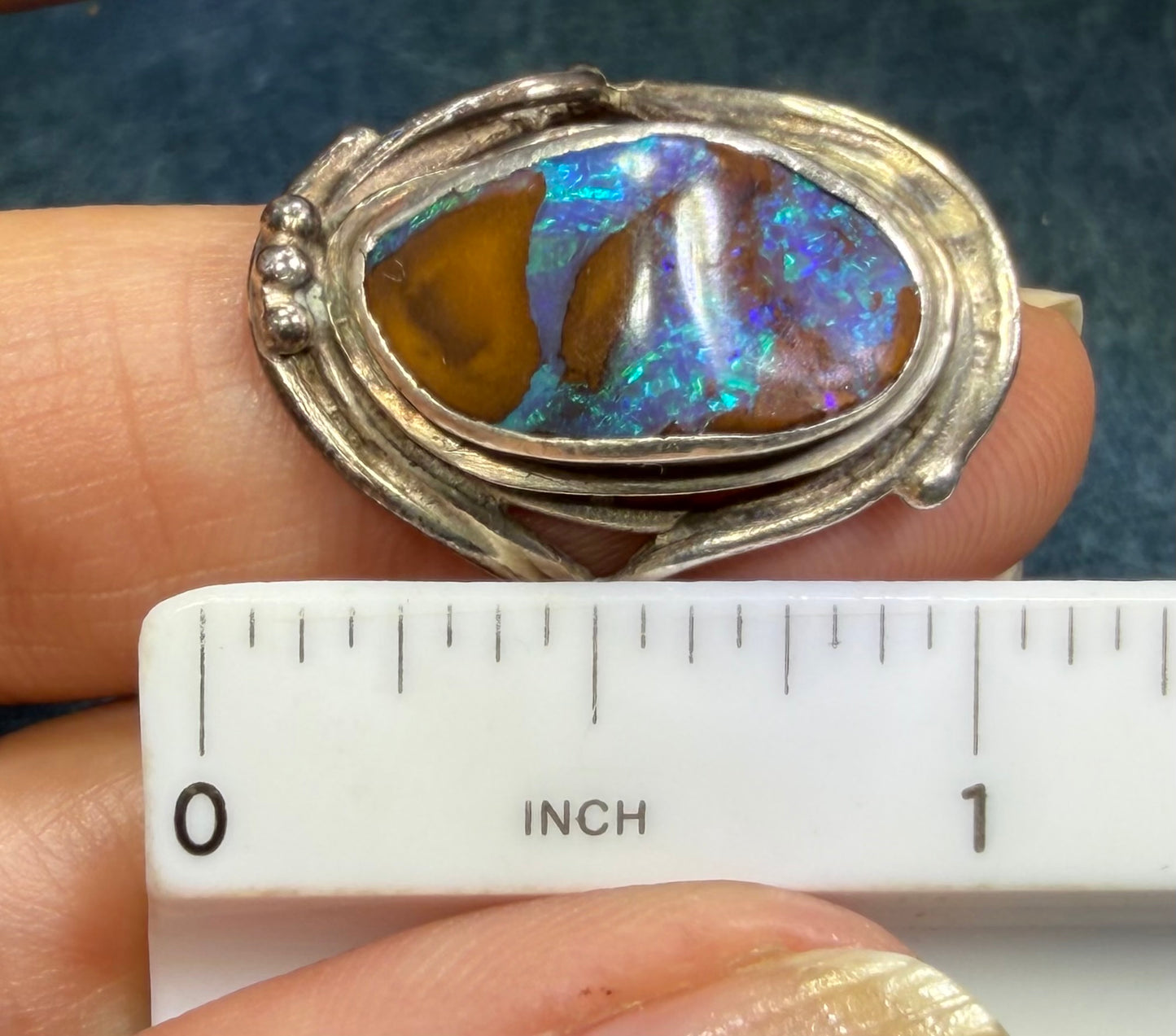 Lab-Created Blue Boulder Opal Ring in Sterling Silver. 1" *Video*