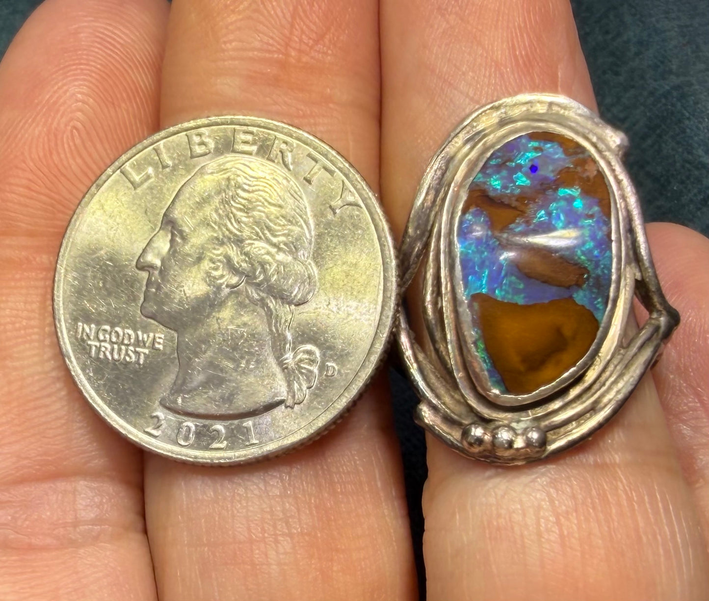Lab-Created Blue Boulder Opal Ring in Sterling Silver. 1" *Video*