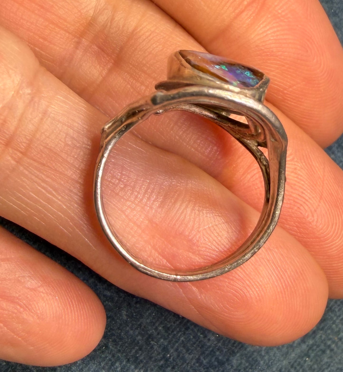Lab-Created Blue Boulder Opal Ring in Sterling Silver. 1" *Video*