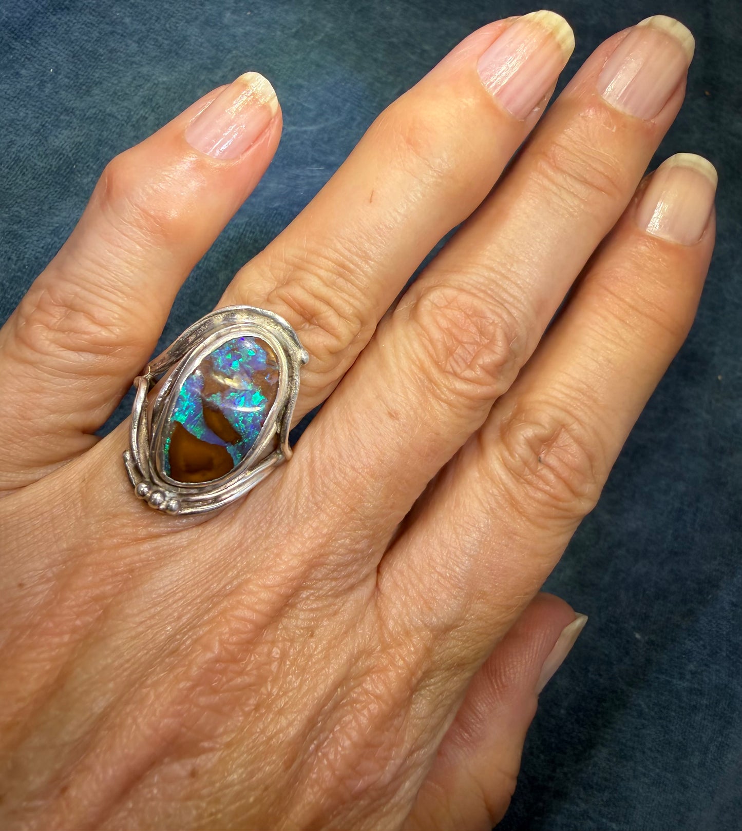 Lab-Created Blue Boulder Opal Ring in Sterling Silver. 1" *Video*