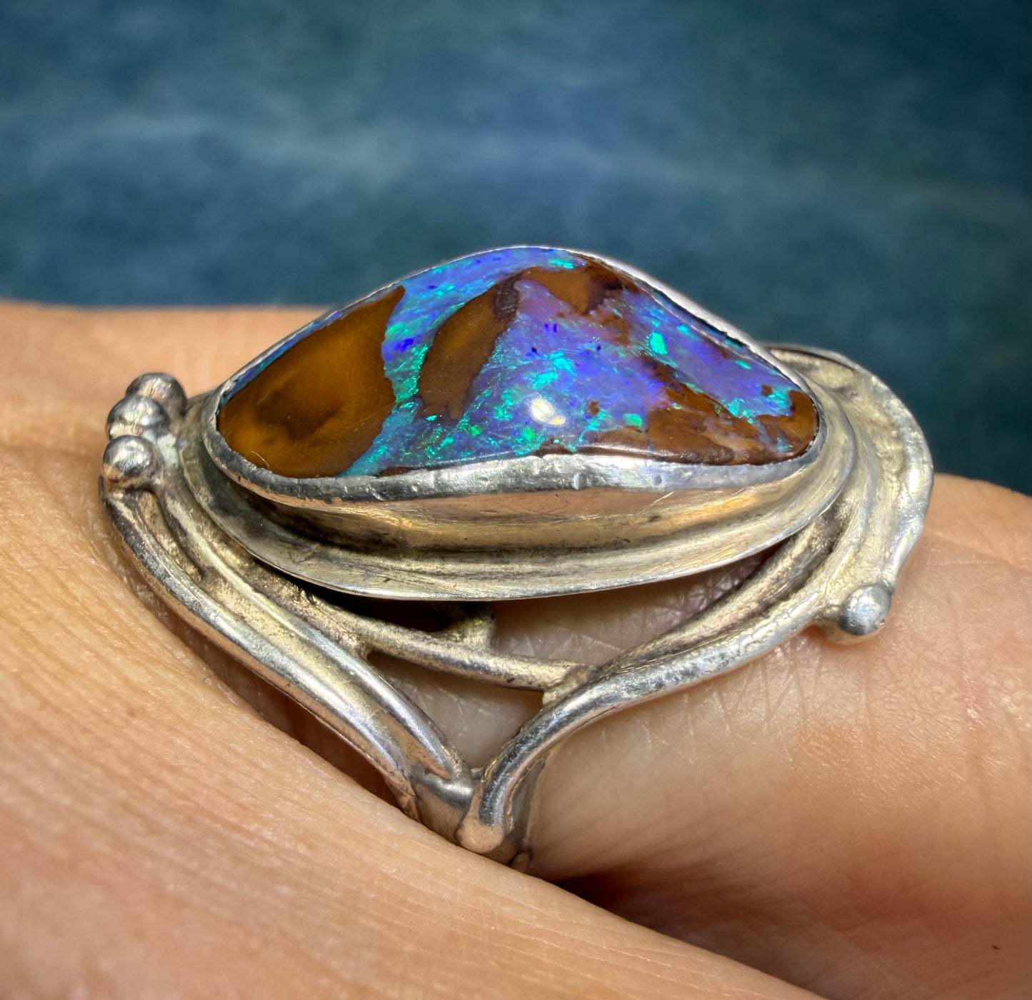 Lab-Created Blue Boulder Opal Ring in Sterling Silver. 1" *Video*