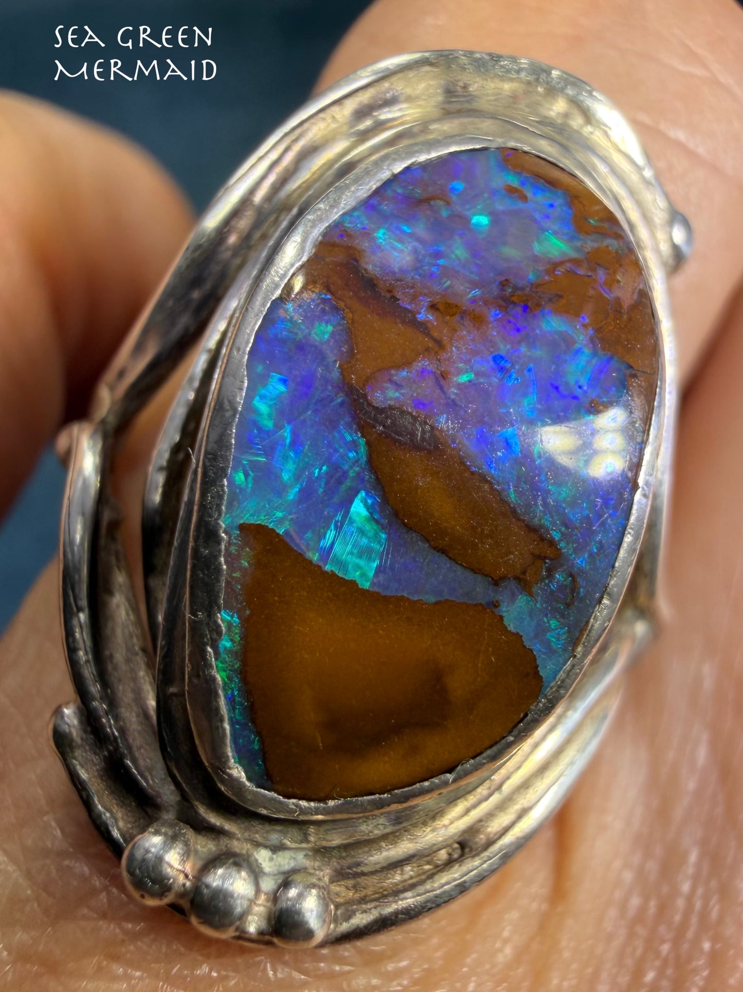 Lab-Created Blue Boulder Opal Ring in Sterling Silver. 1" *Video*