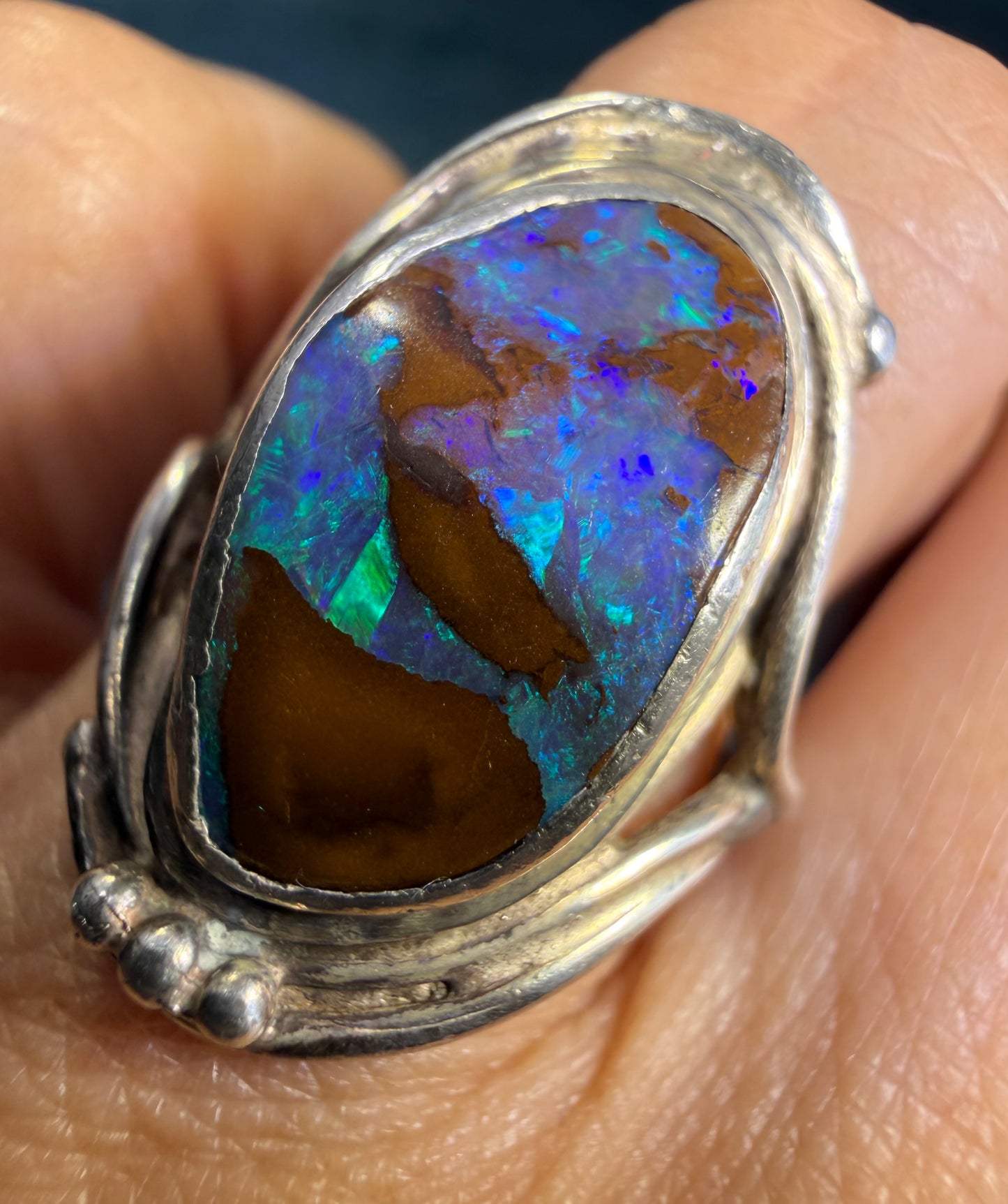 Lab-Created Blue Boulder Opal Ring in Sterling Silver. 1" *Video*
