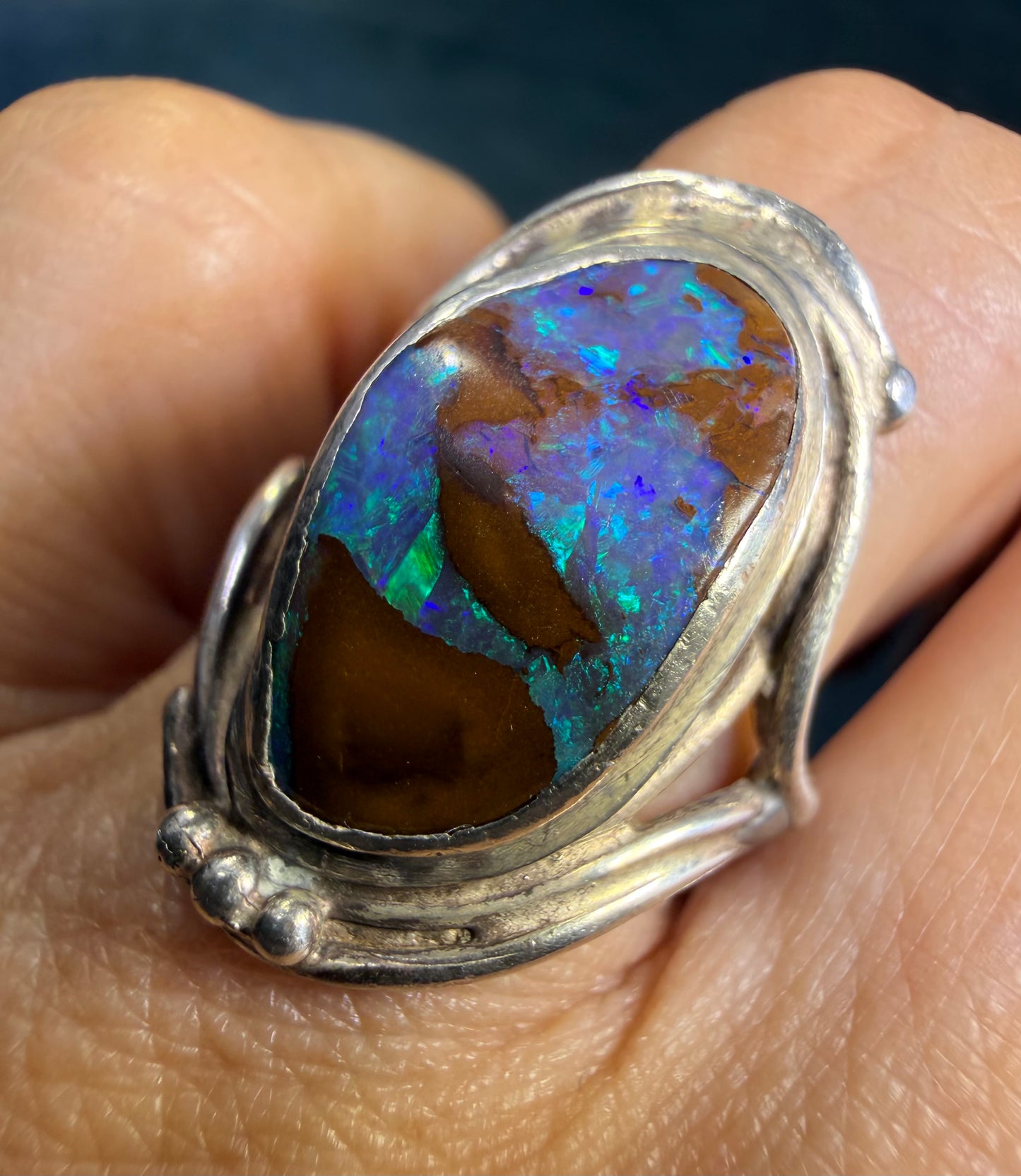 Lab-Created Blue Boulder Opal Ring in Sterling Silver. 1" *Video*