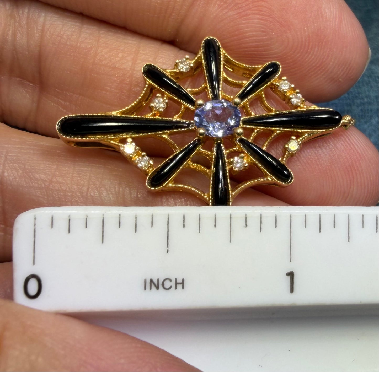 18k Gold SPIDER WEB Pendant w Onyx Tanzanite & Diamonds
