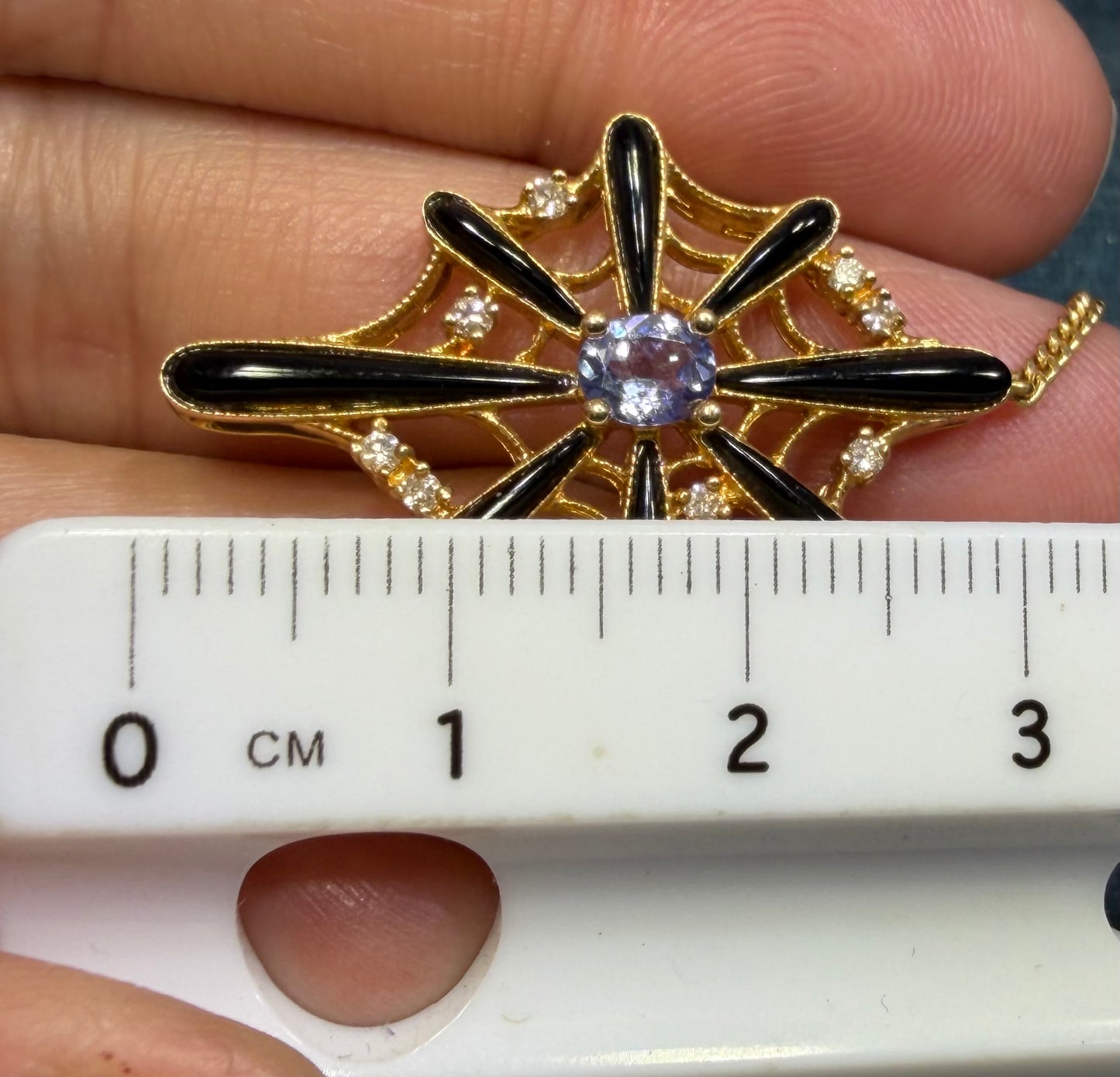18k Gold SPIDER WEB Pendant w Onyx Tanzanite & Diamonds