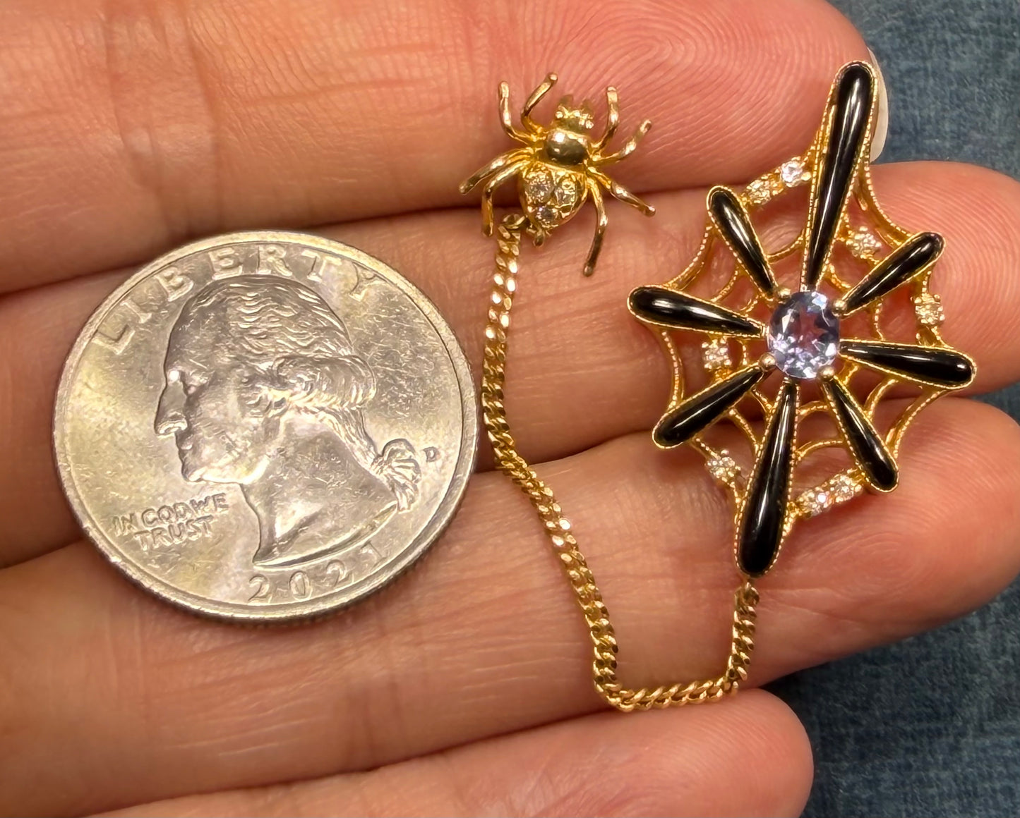 18k Gold SPIDER WEB Pendant w Onyx Tanzanite & Diamonds