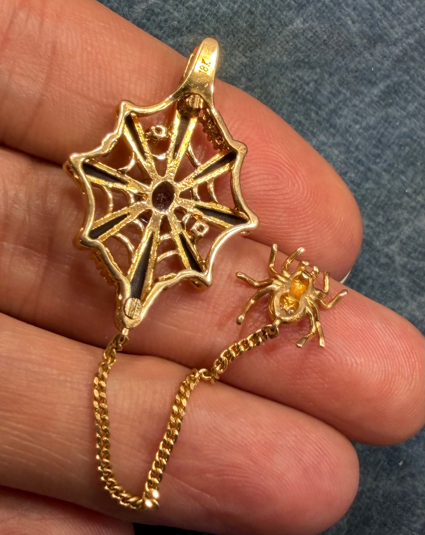 18k Gold SPIDER WEB Pendant w Onyx Tanzanite & Diamonds