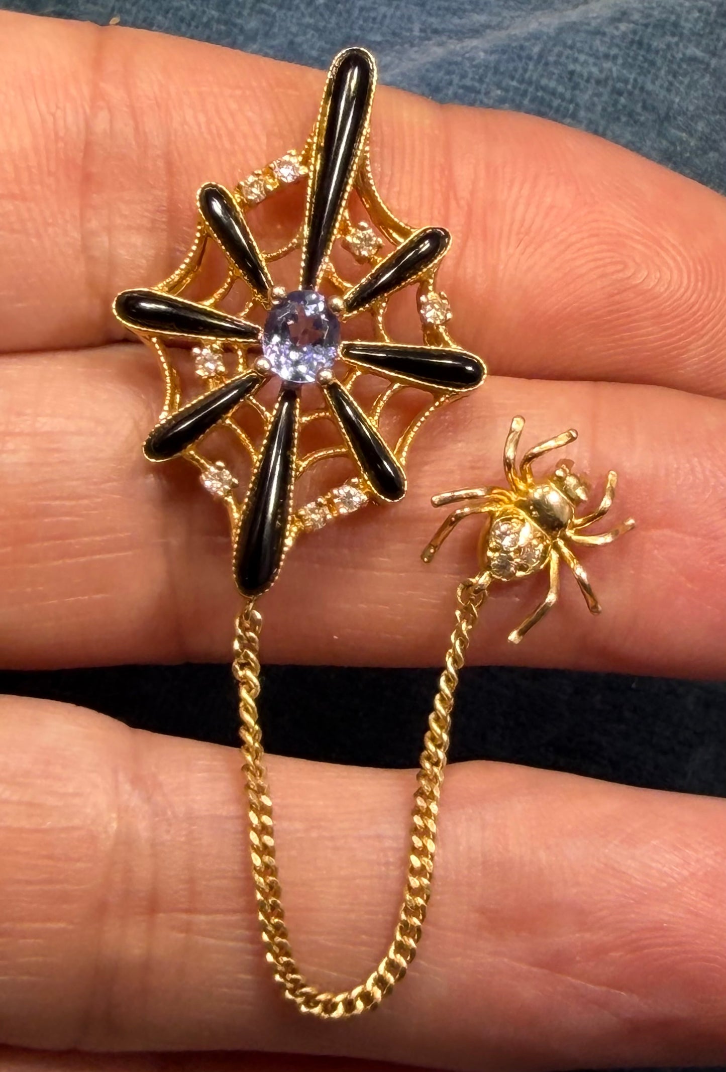 18k Gold SPIDER WEB Pendant w Onyx Tanzanite & Diamonds
