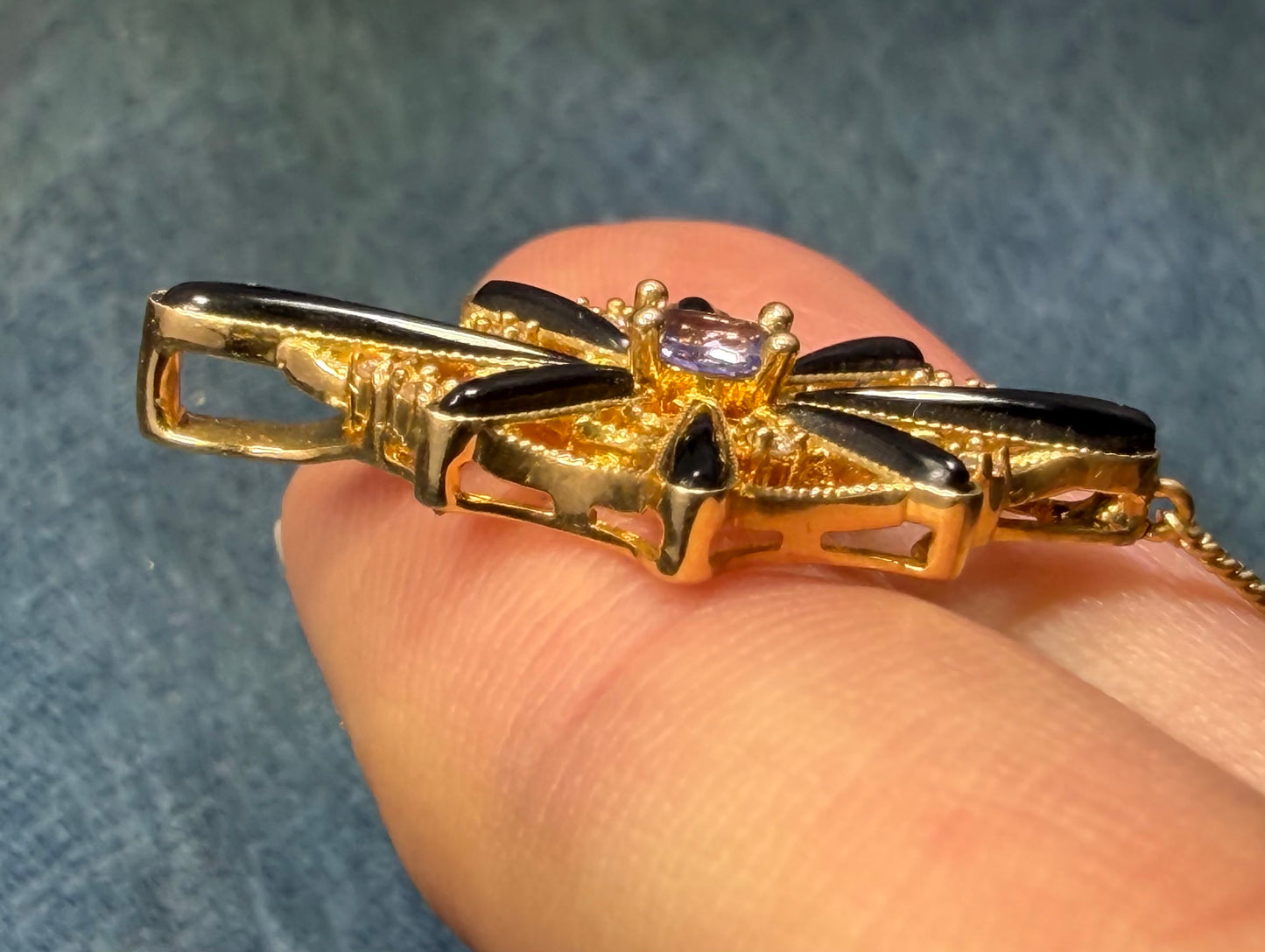 18k Gold SPIDER WEB Pendant w Onyx Tanzanite & Diamonds
