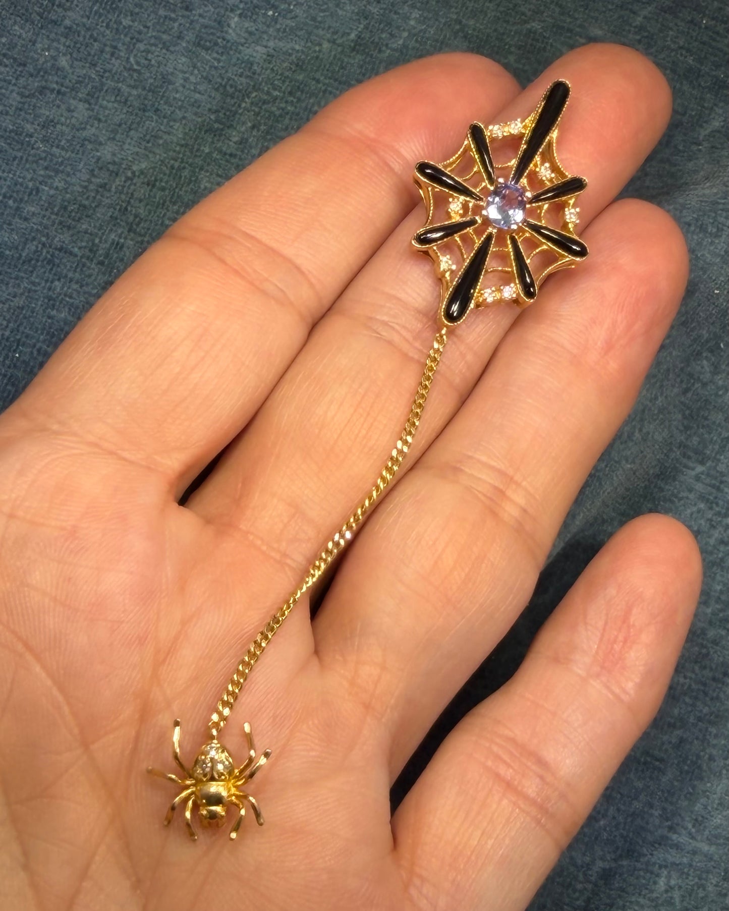 18k Gold SPIDER WEB Pendant w Onyx Tanzanite & Diamonds