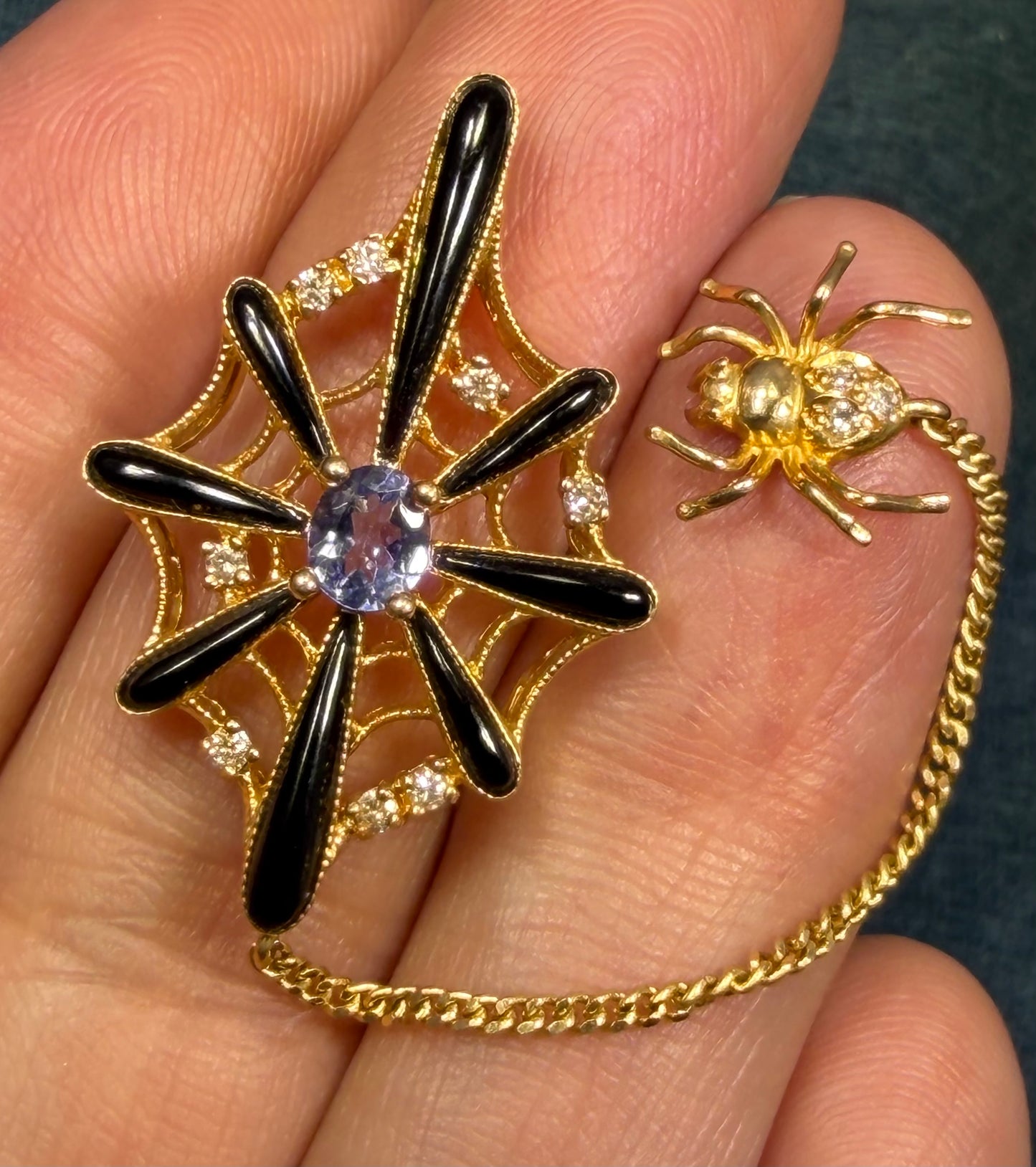 18k Gold SPIDER WEB Pendant w Onyx Tanzanite & Diamonds
