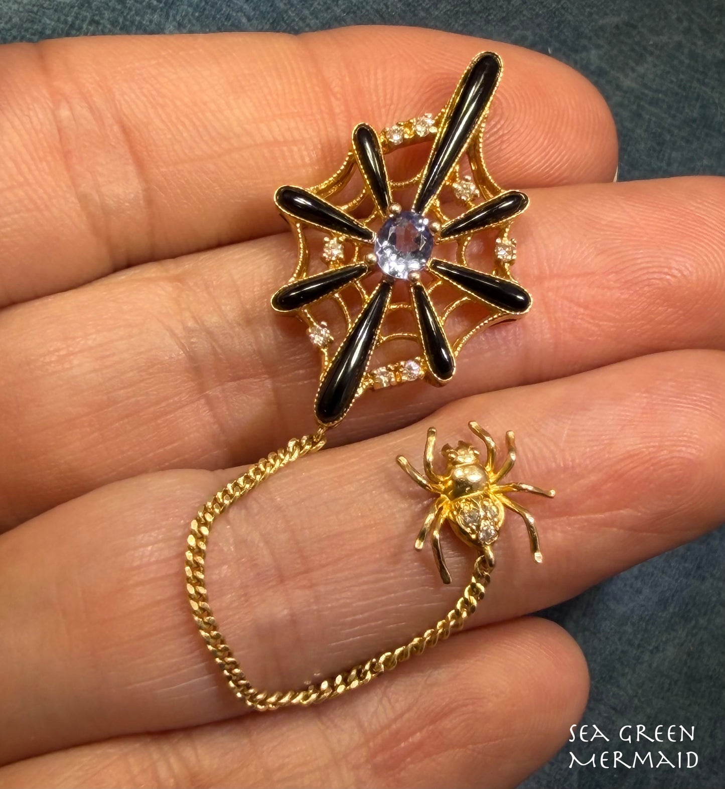 18k Gold SPIDER WEB Pendant w Onyx Tanzanite & Diamonds