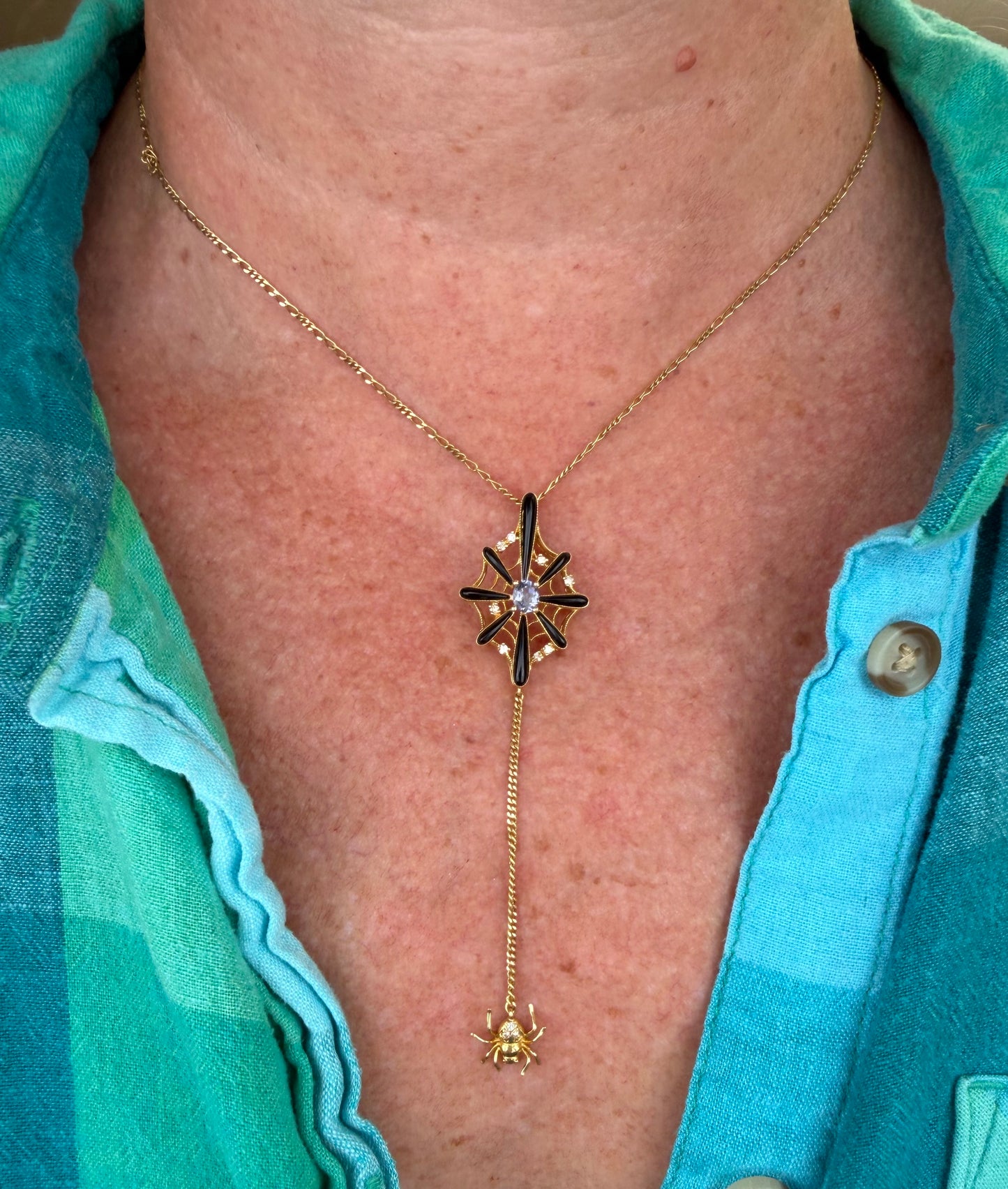 18k Gold SPIDER WEB Pendant w Onyx Tanzanite & Diamonds