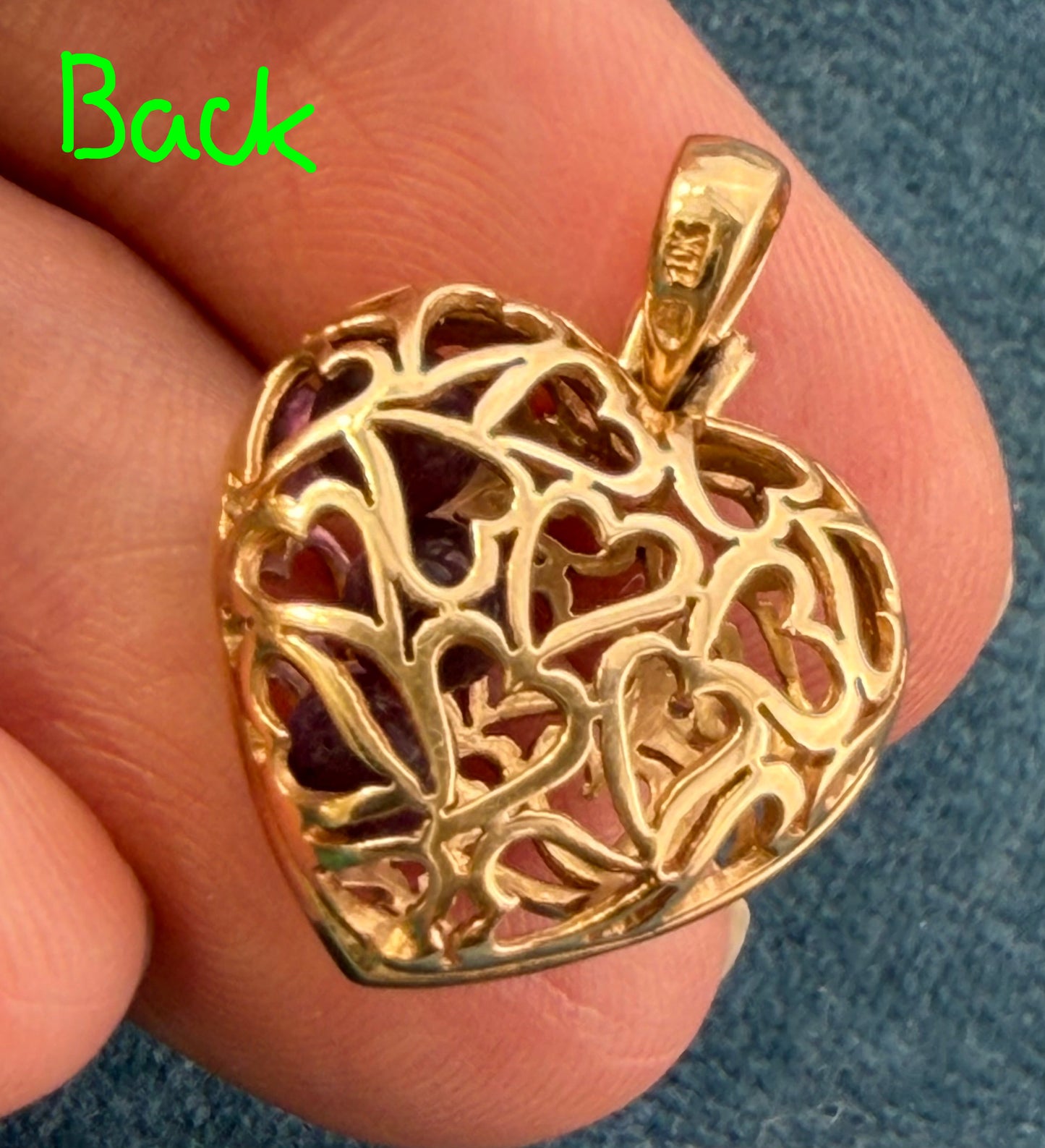 10k Gold Designer Pendant w Cut-Out Mini Hearts. Diamonds + Filigree