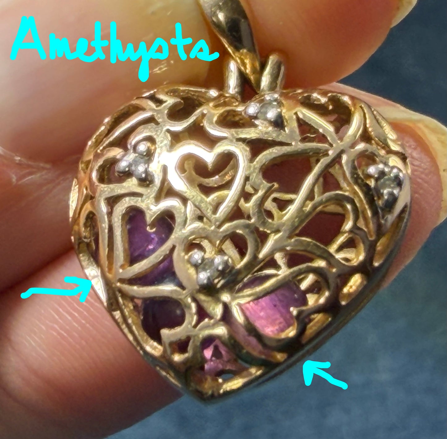 10k Gold Designer Pendant w Cut-Out Mini Hearts. Diamonds + Filigree